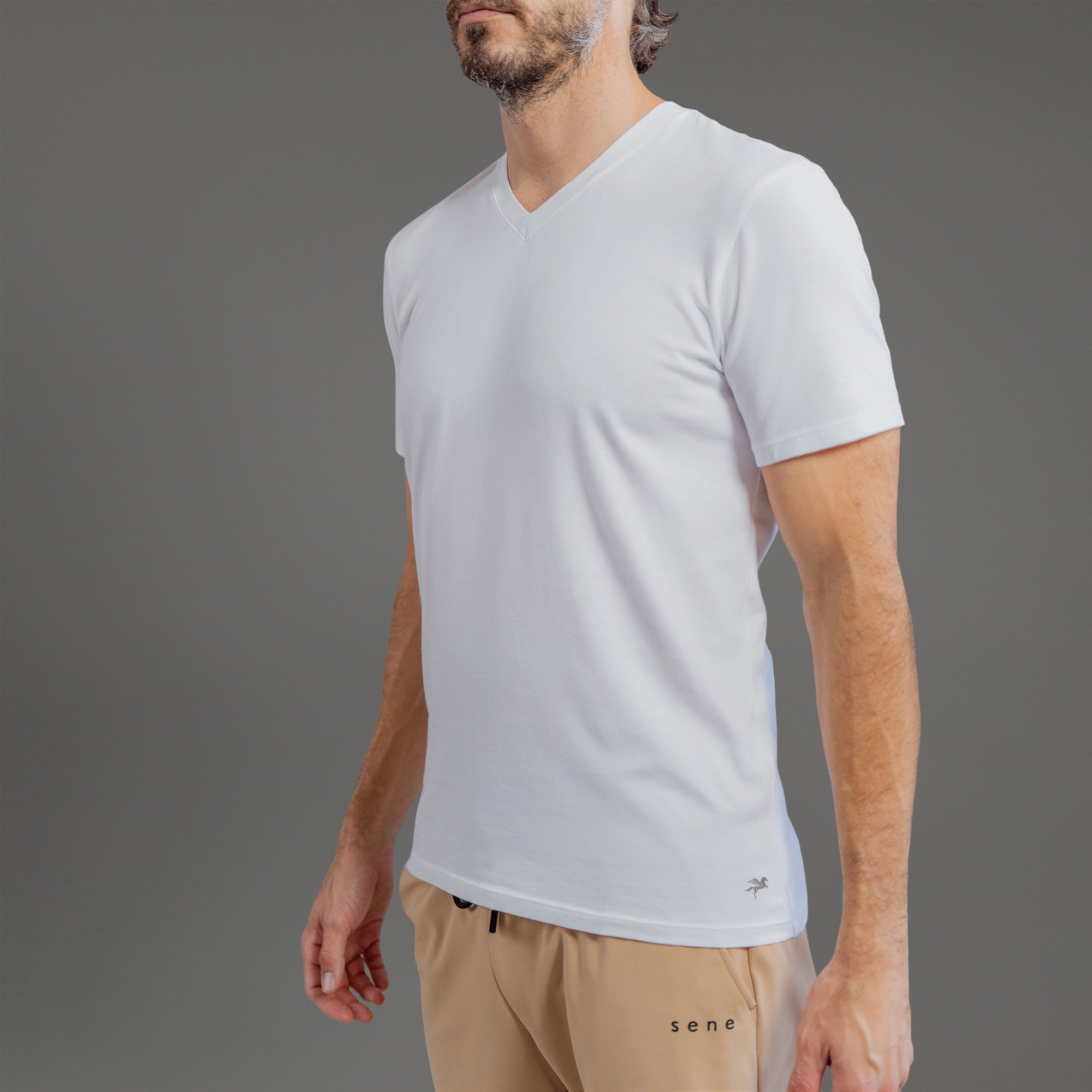 custom v-neck t-shirt los angeles model John in White