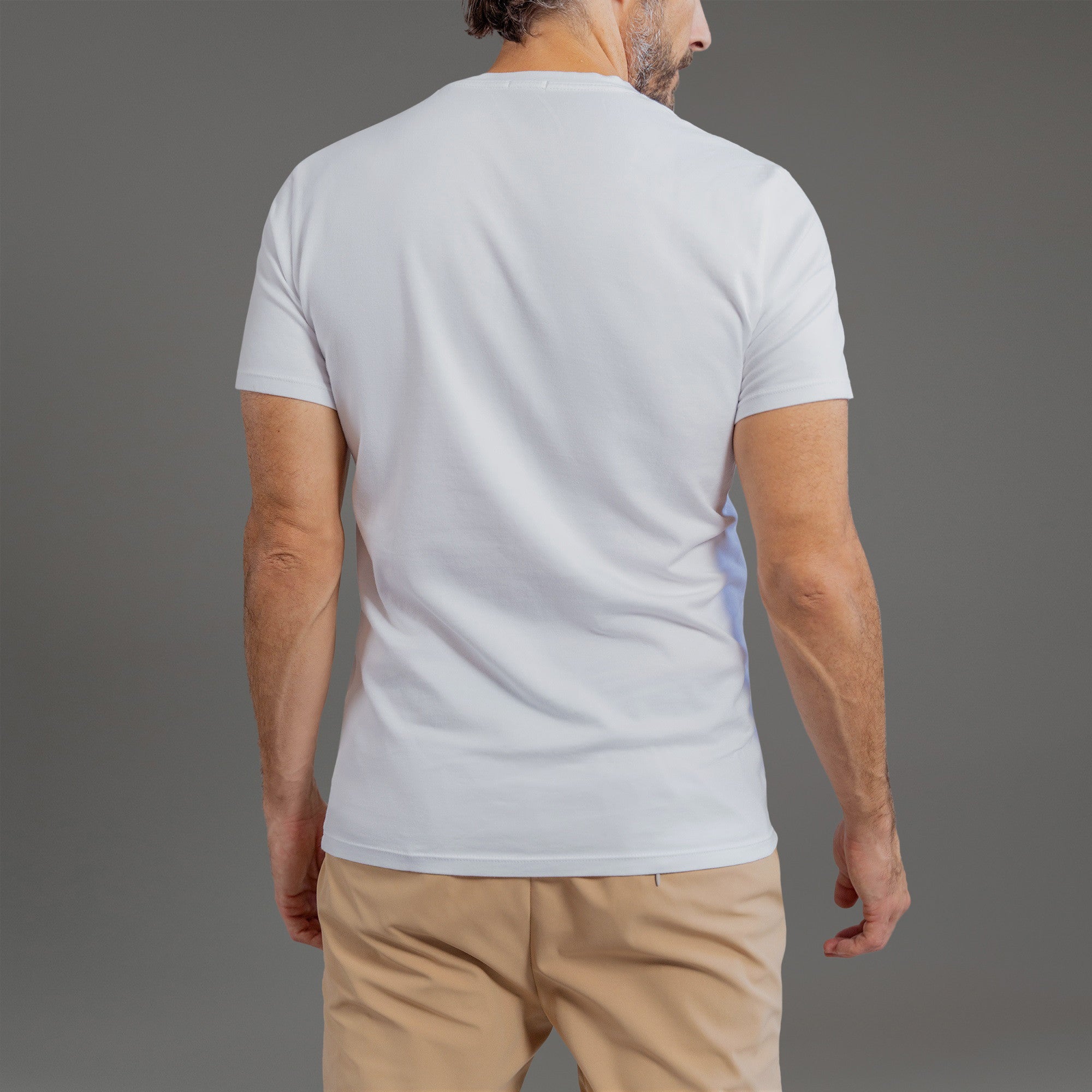 custom v-neck t-shirt los angeles model John in White