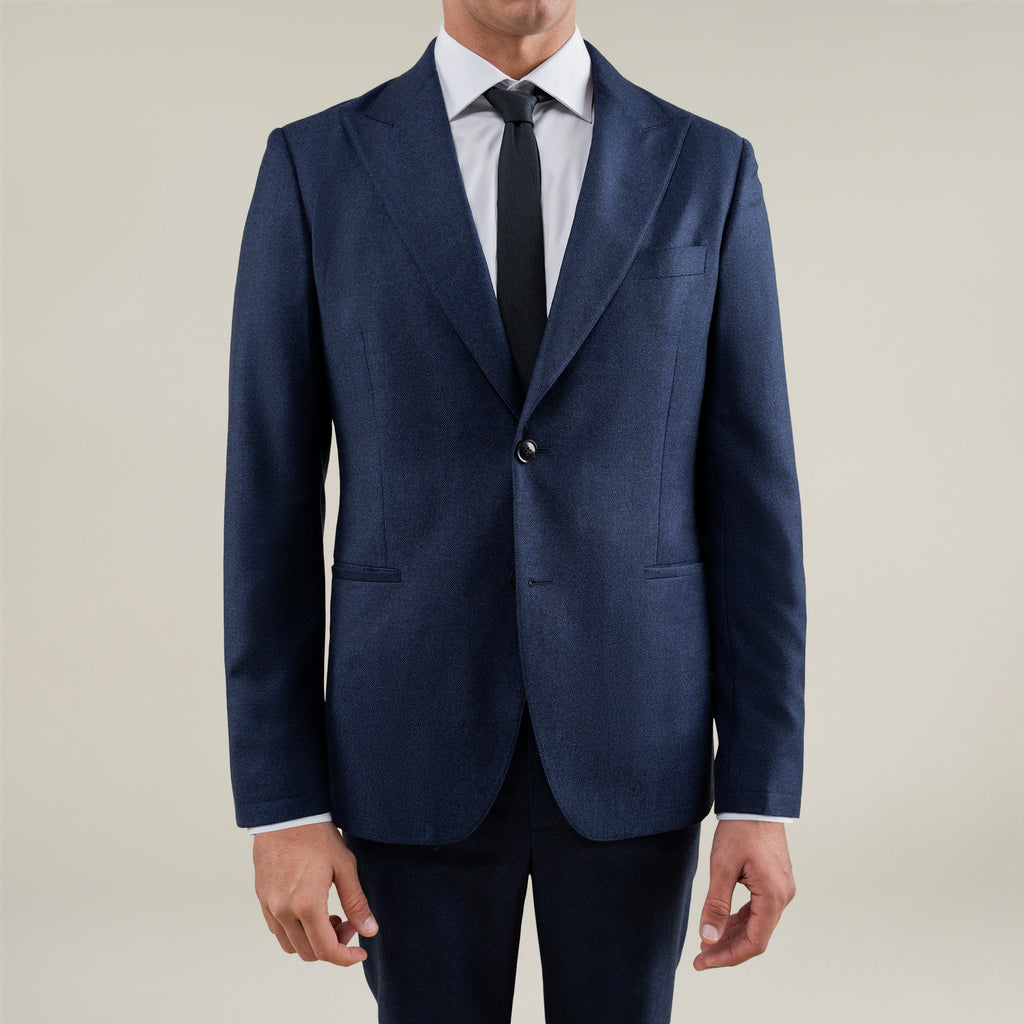 Tags:(6'1"|165) Custom Peak Lapel Tuxedo model Jessey in Navy Herringbone