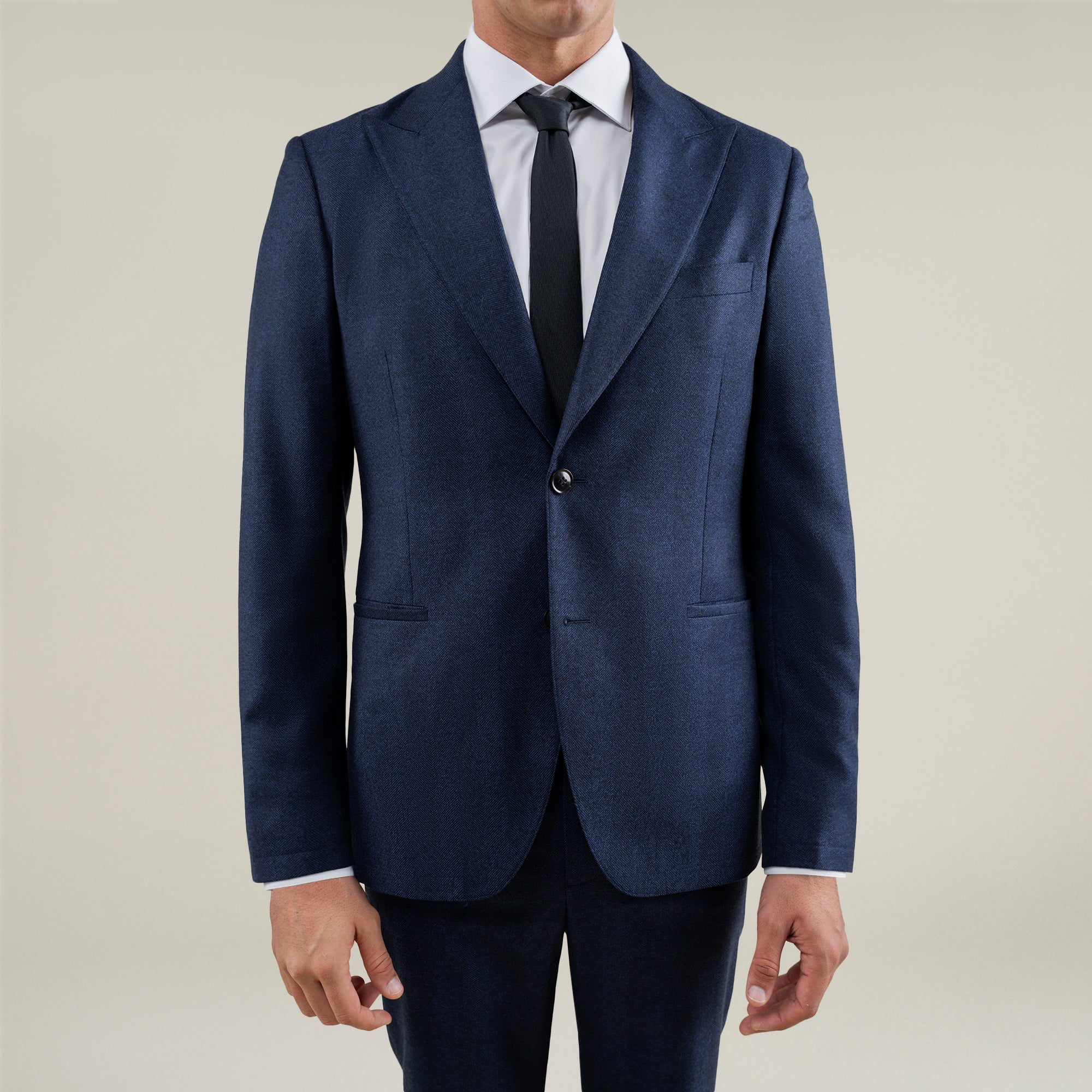 Tags:(6'1"|165) Custom Peak Lapel Tuxedo model Jessey in Navy Herringbone