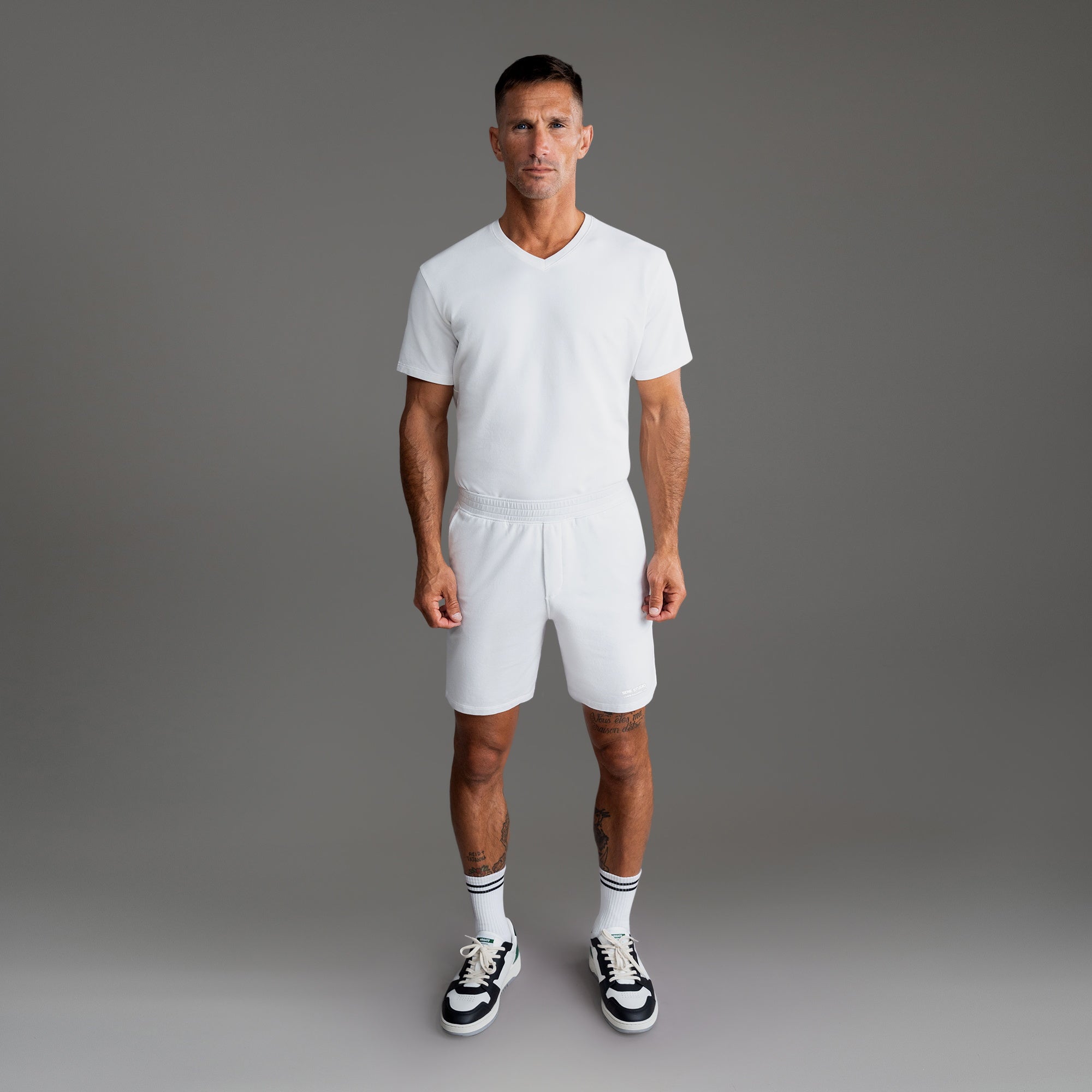 Custom bespoke shorts athleisure athletic build model Tyler in White