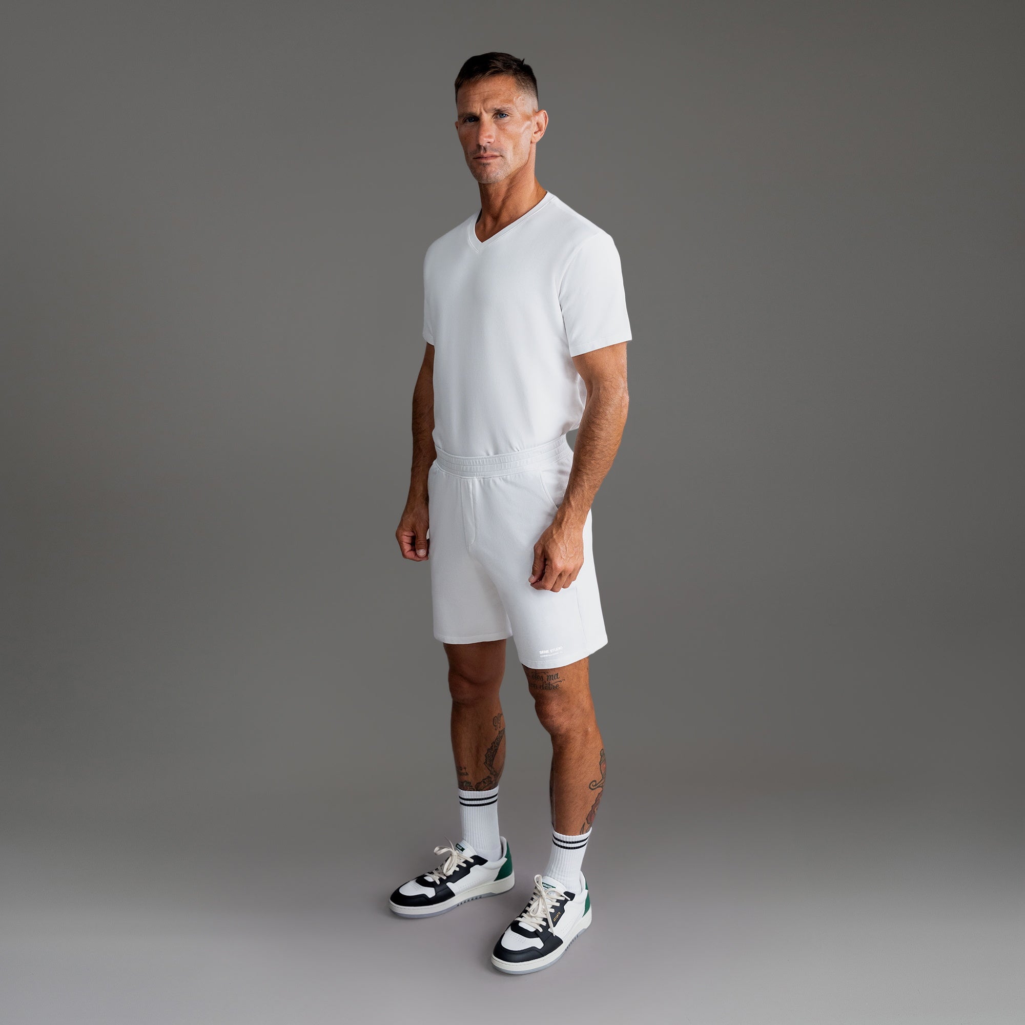 Custom bespoke shorts athleisure athletic build model Tyler in White