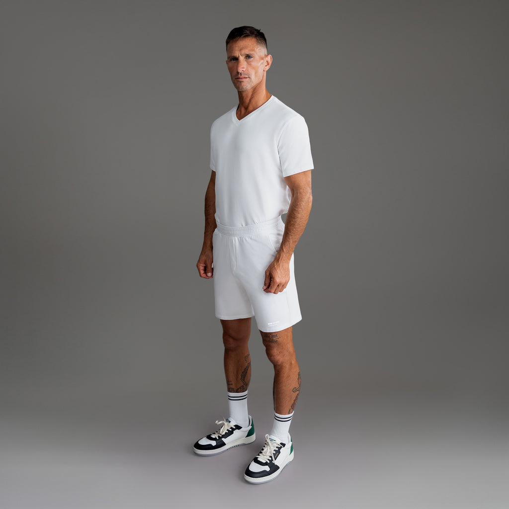Custom bespoke shorts athleisure athletic build model Tyler in White