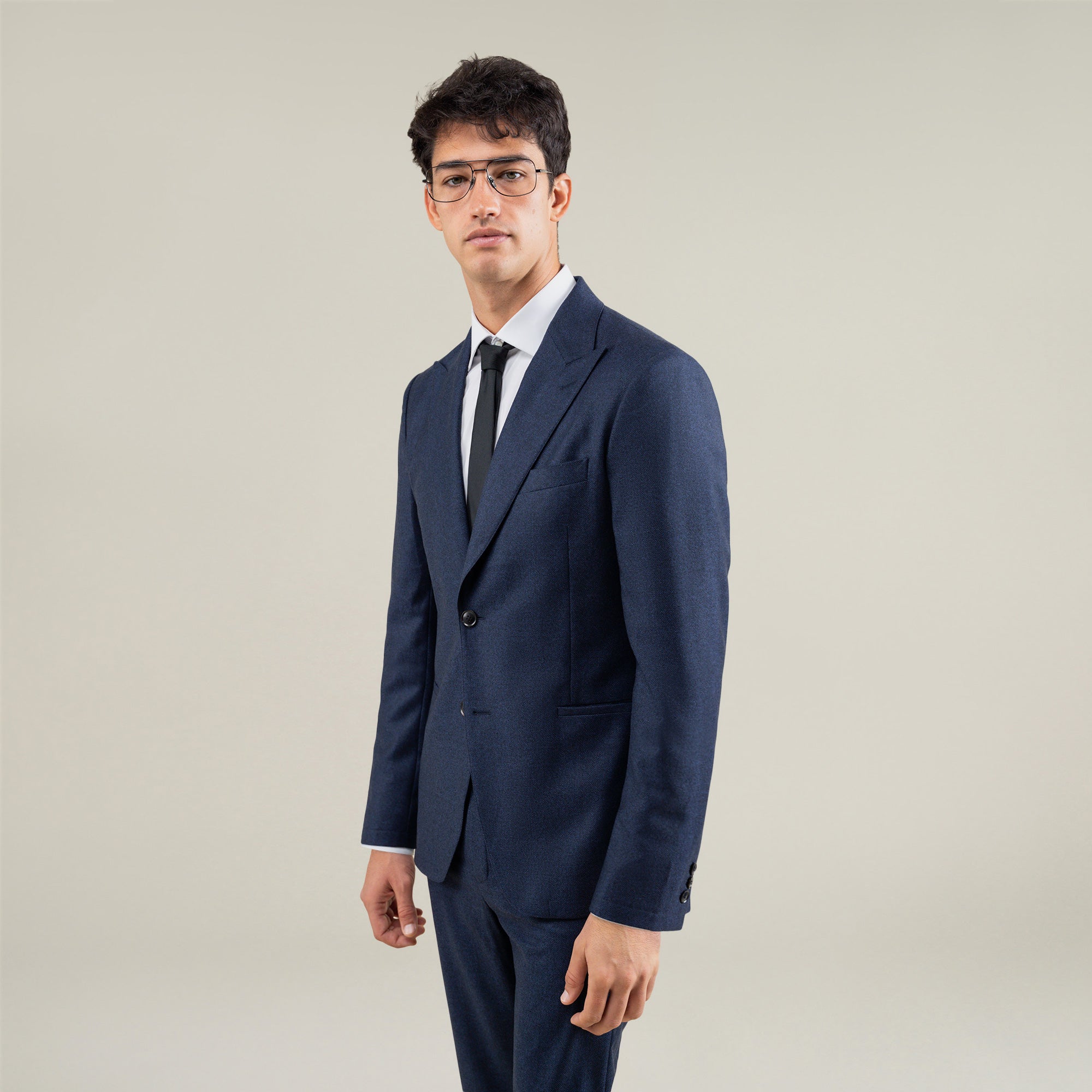 Tags:(6'1"|165) Custom Peak Lapel Tuxedo model Jessey in Navy Herringbone