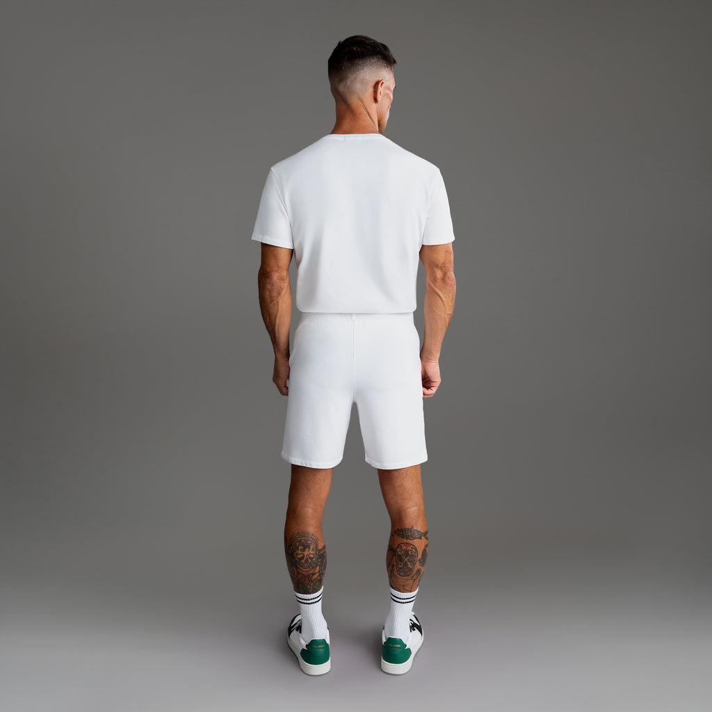 Custom bespoke shorts athleisure athletic build model Tyler in White