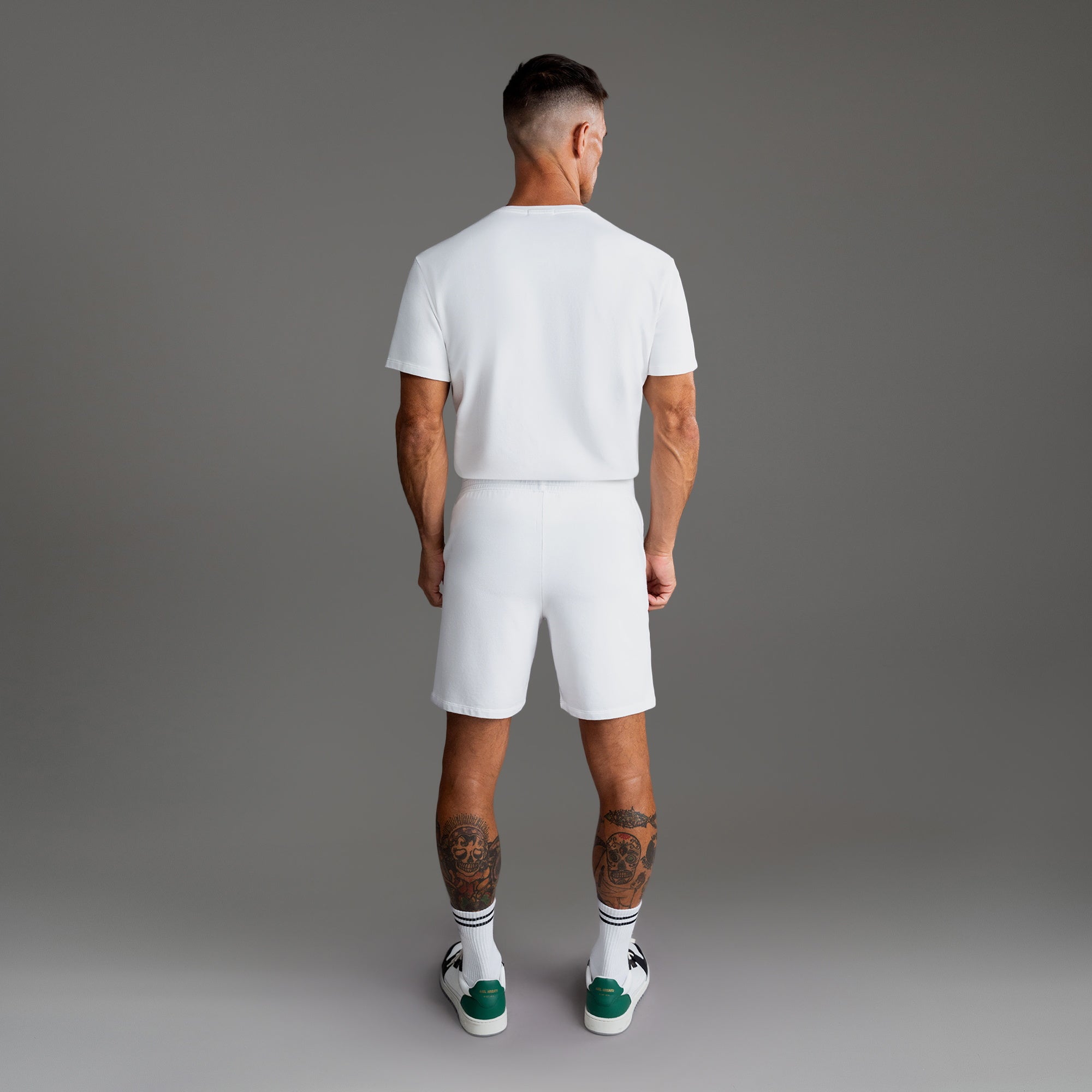 Custom bespoke shorts athleisure athletic build model Tyler in White