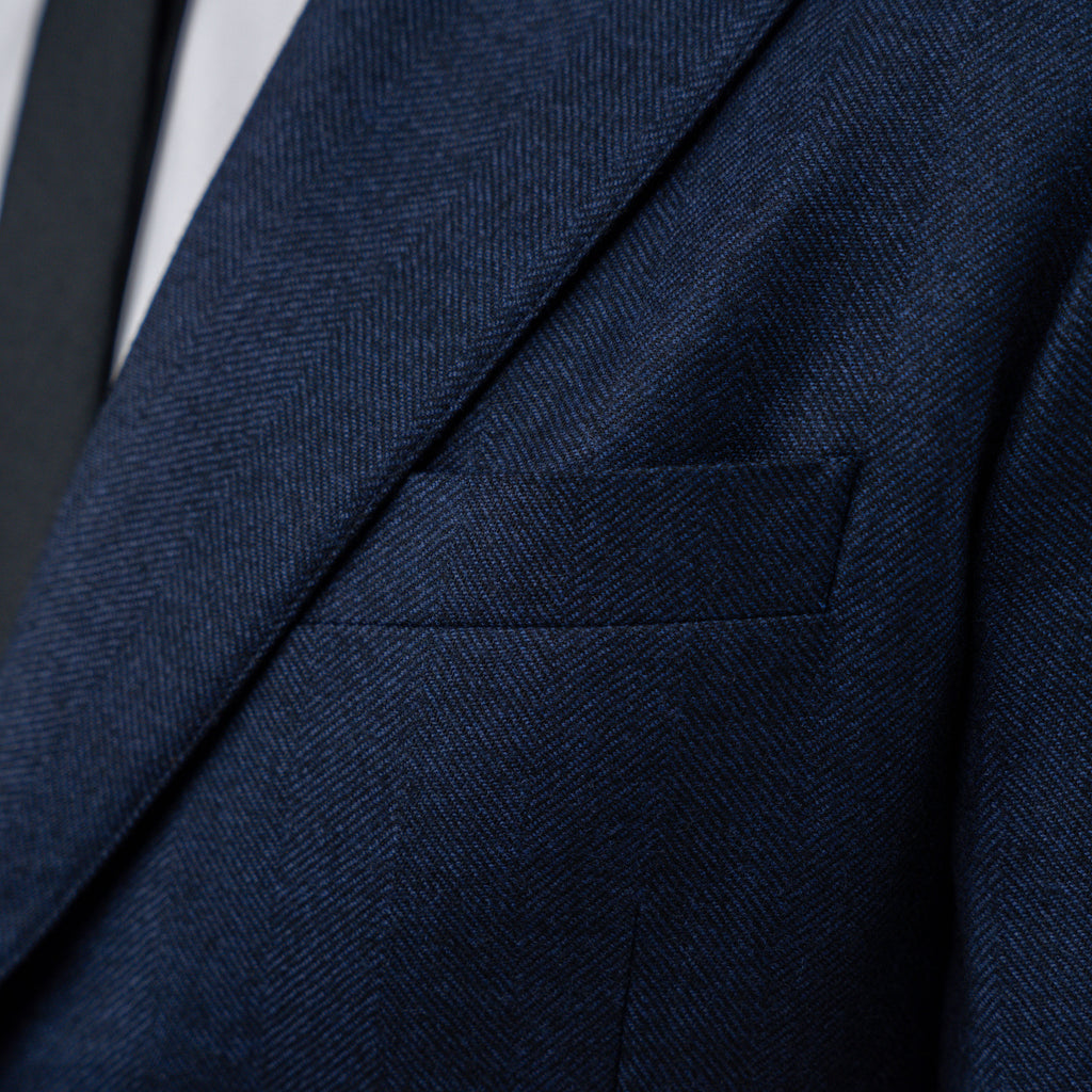 Tags:(6'1"|165) Custom Peak Lapel Tuxedo model Jessey in Navy Herringbone