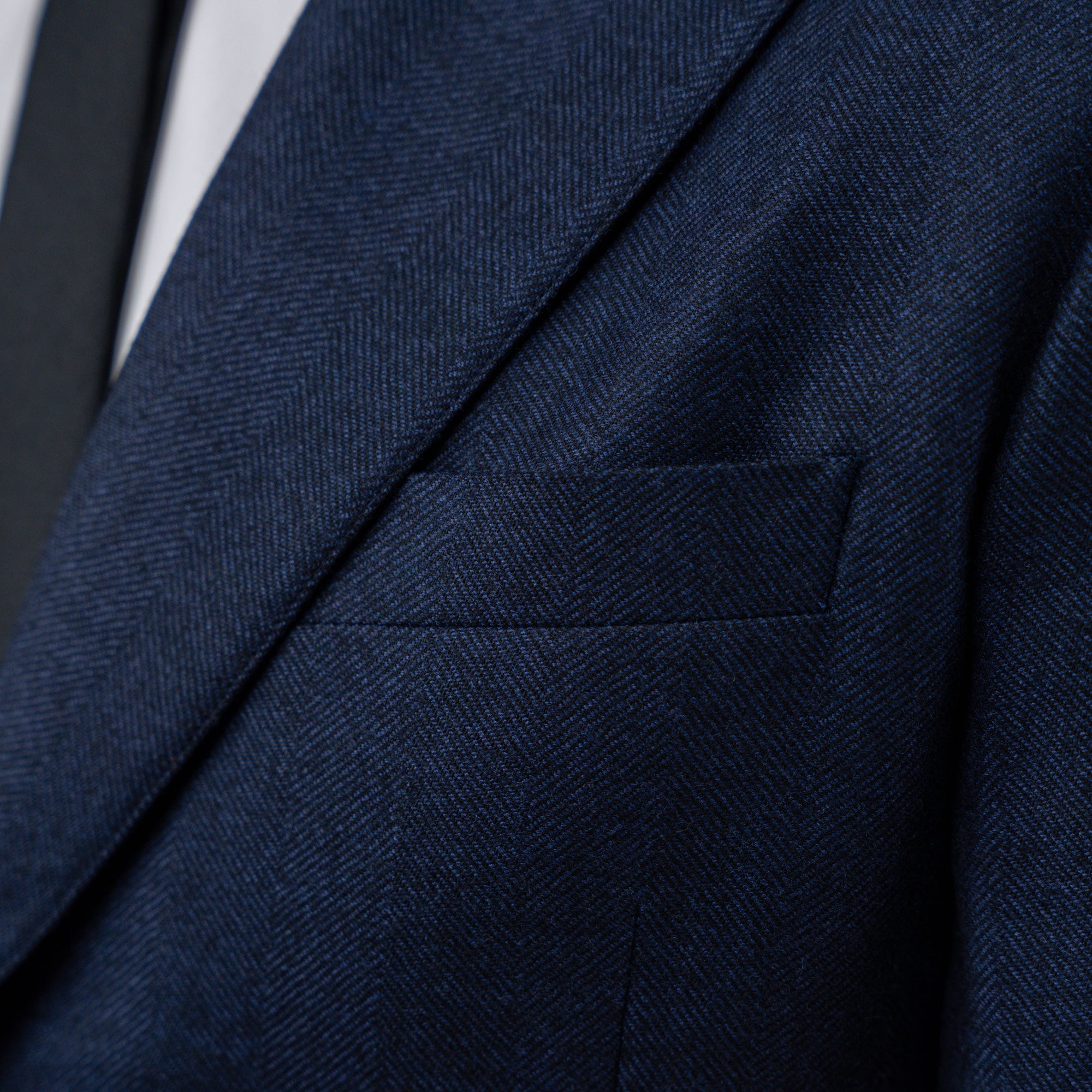 Tags:(6'1"|165) Custom Peak Lapel Tuxedo model Jessey in Navy Herringbone