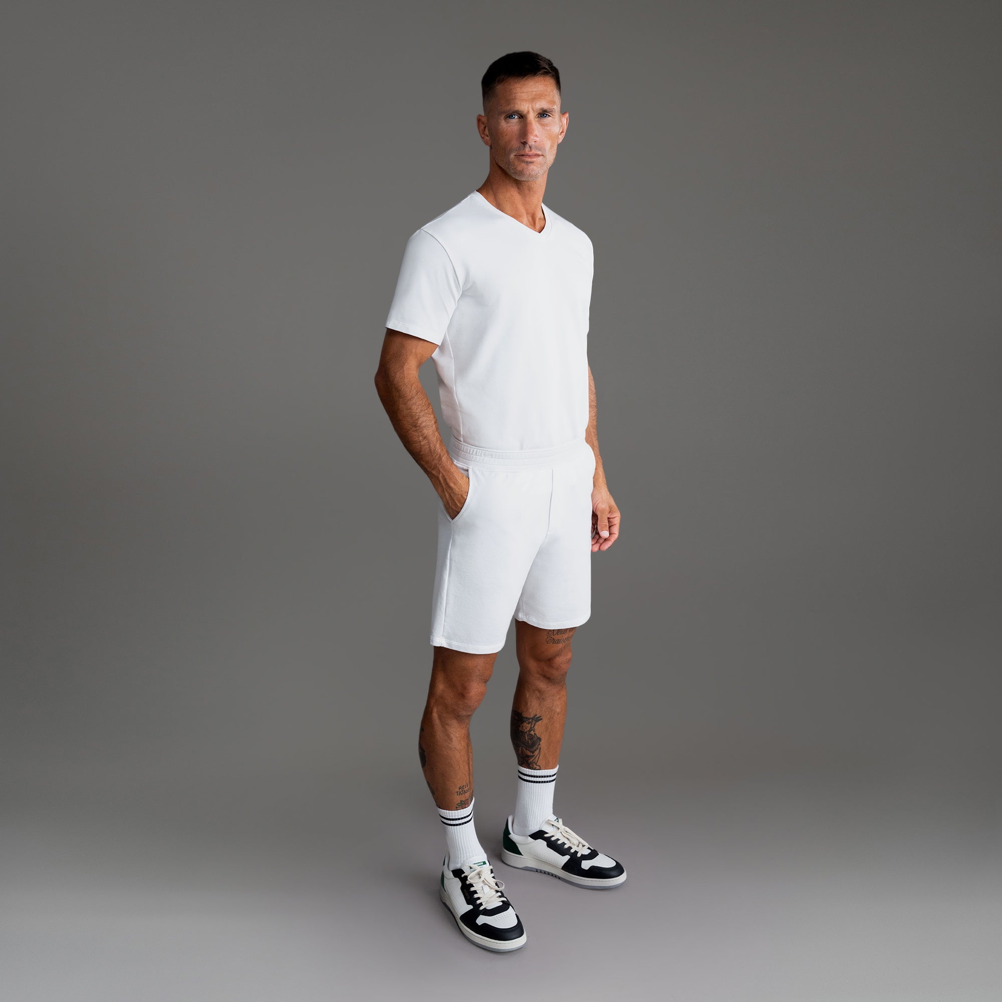 Custom bespoke shorts athleisure athletic build model Tyler in White
