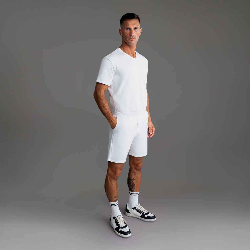 Custom bespoke shorts athleisure athletic build model Tyler in White