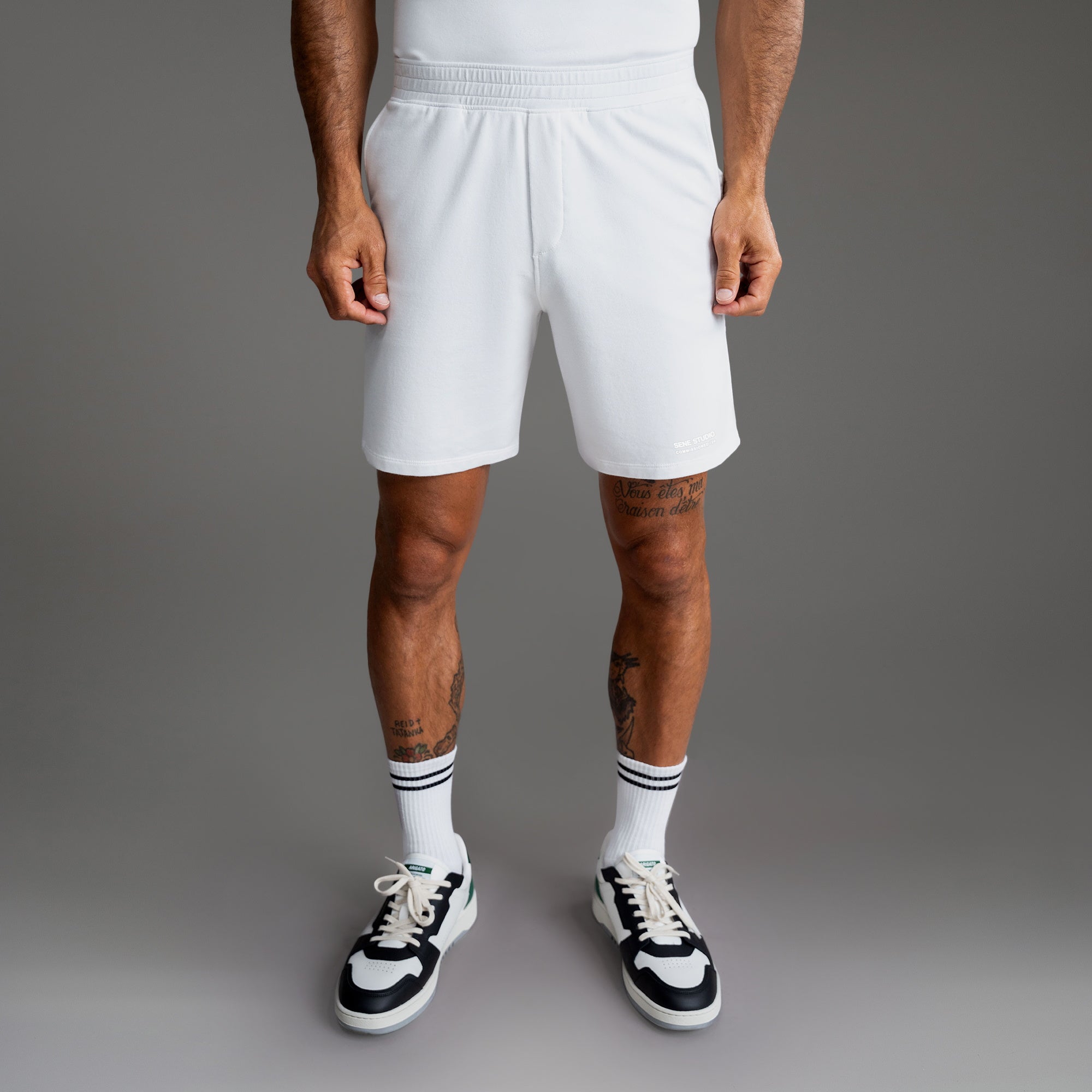 Custom bespoke shorts athleisure athletic build model Tyler in White