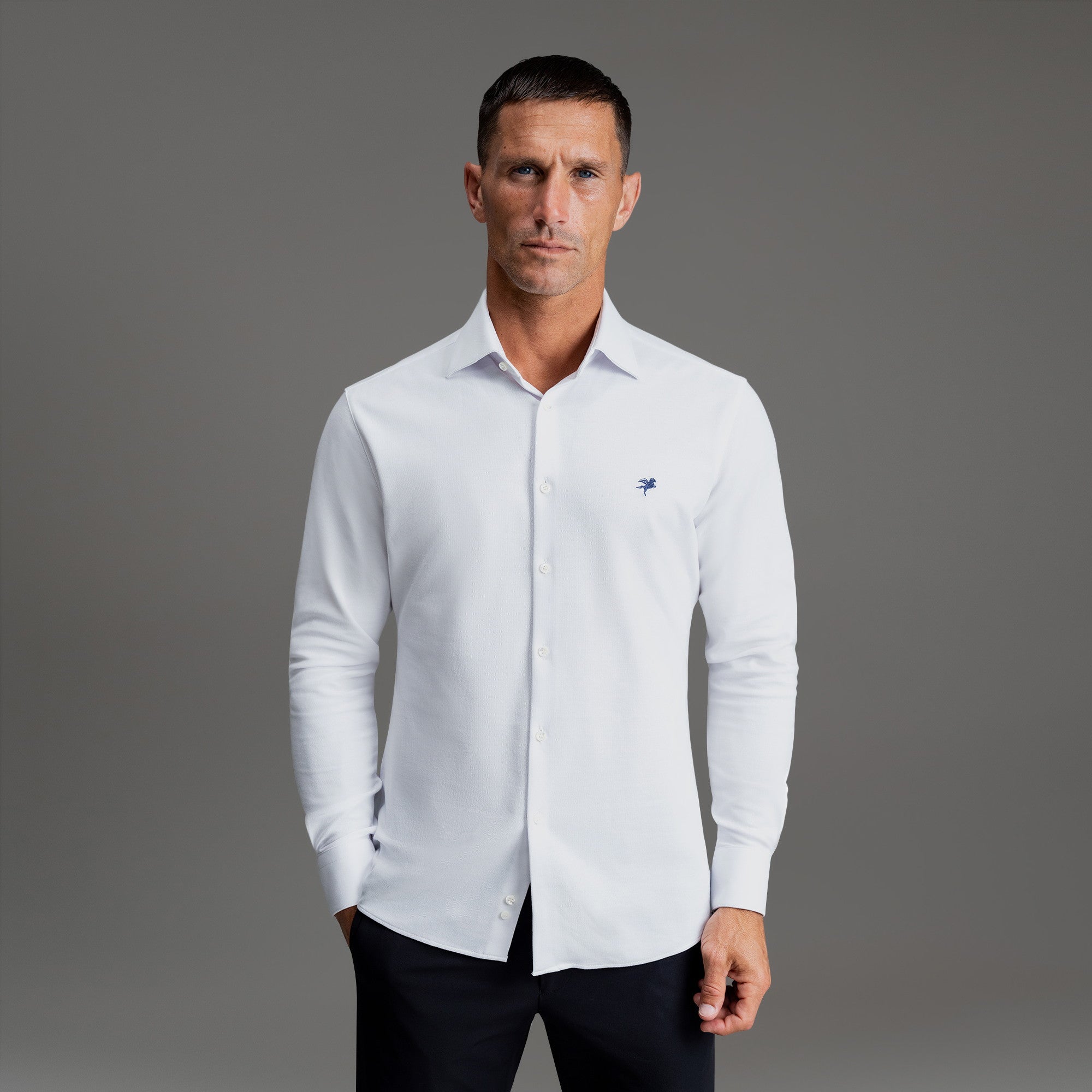 Custom Bespoke Tailored Spread Shirt model Tyler in White Emblem