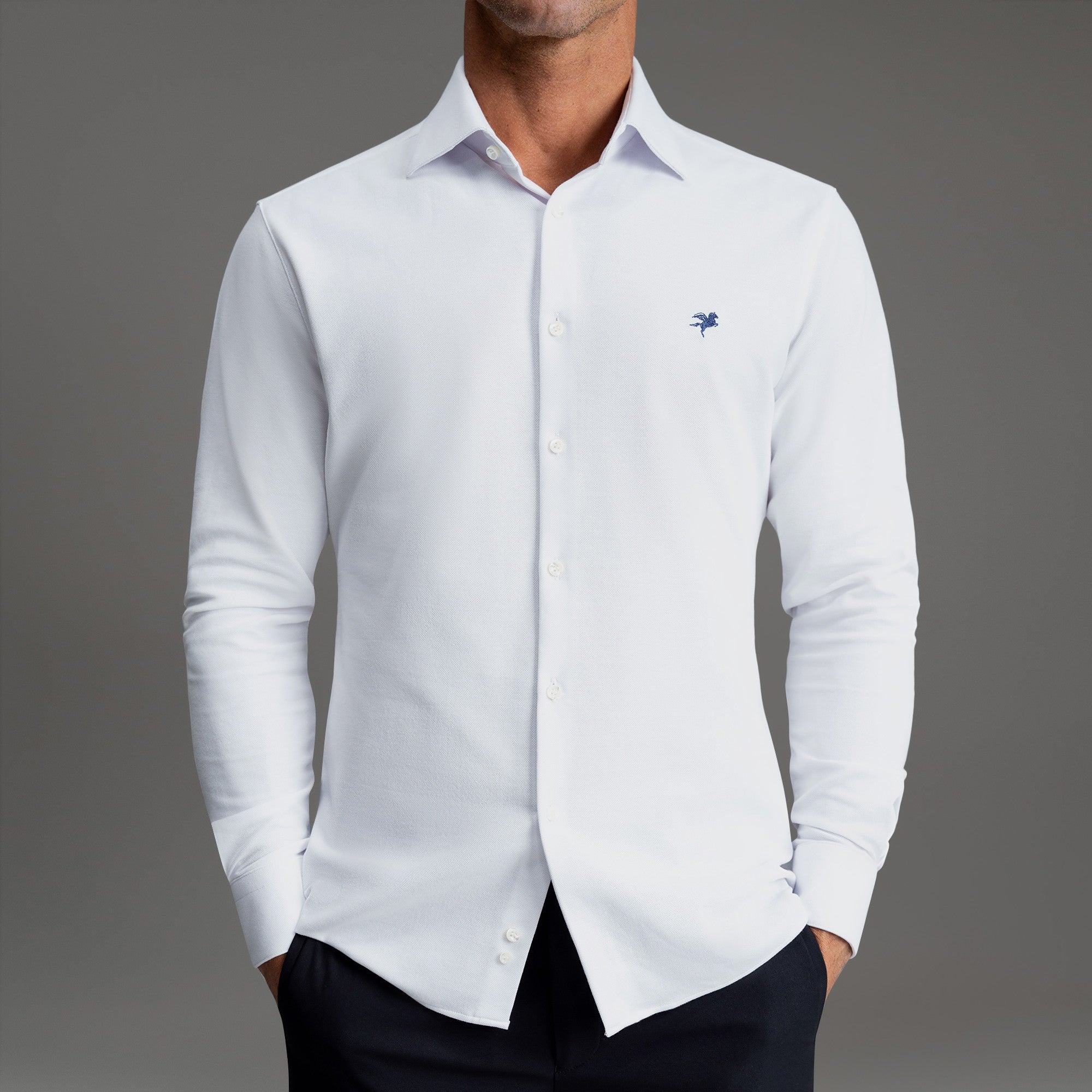 Custom Bespoke Tailored Spread Shirt model Tyler in White Emblem