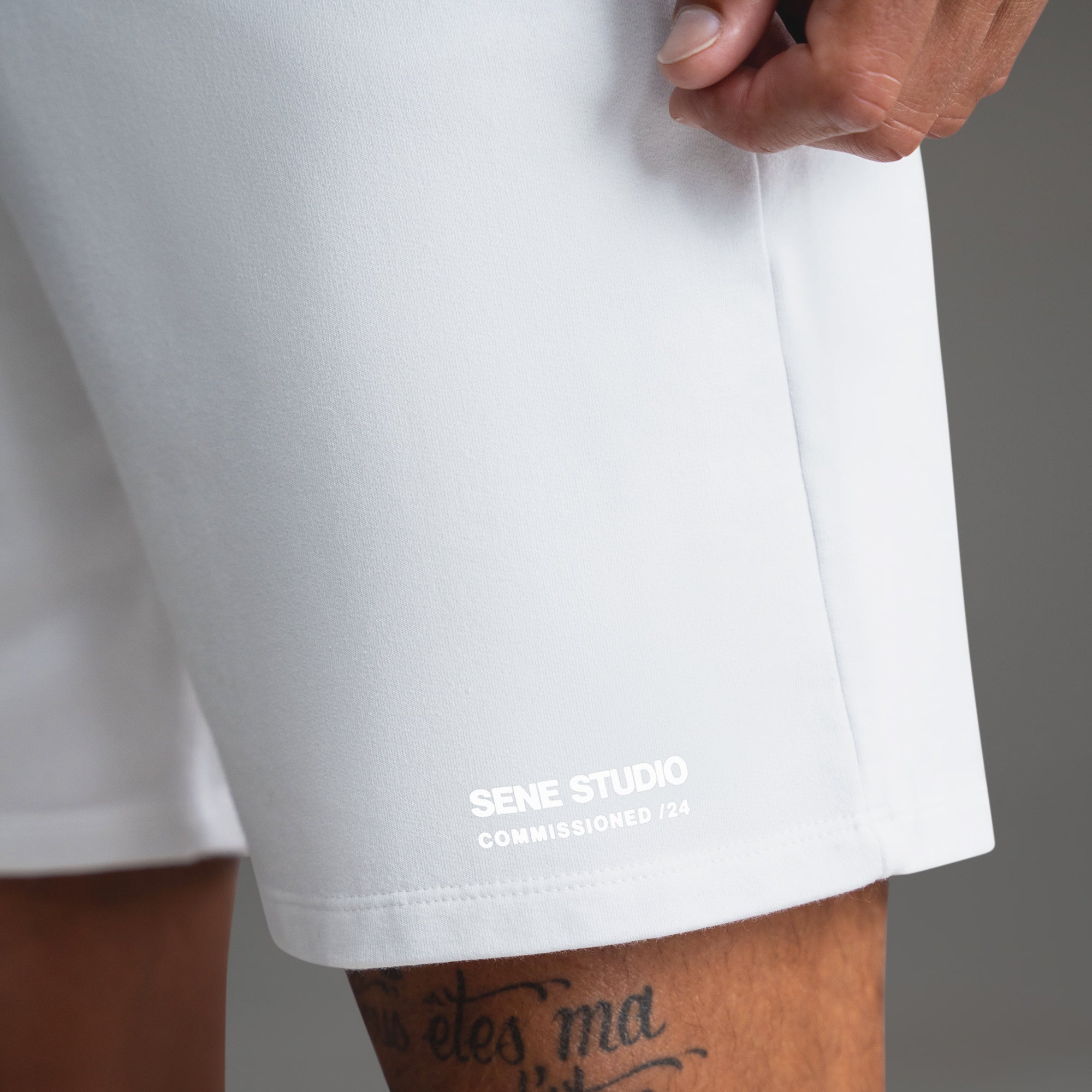 Custom bespoke shorts athleisure athletic build model Tyler in White