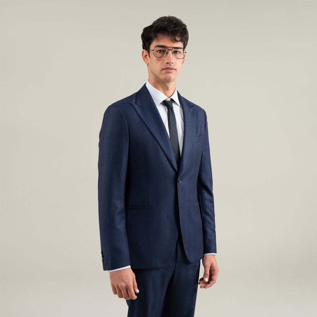 Tags:(6'1"|165) Custom Peak Lapel Tuxedo model Jessey in Navy Herringbone