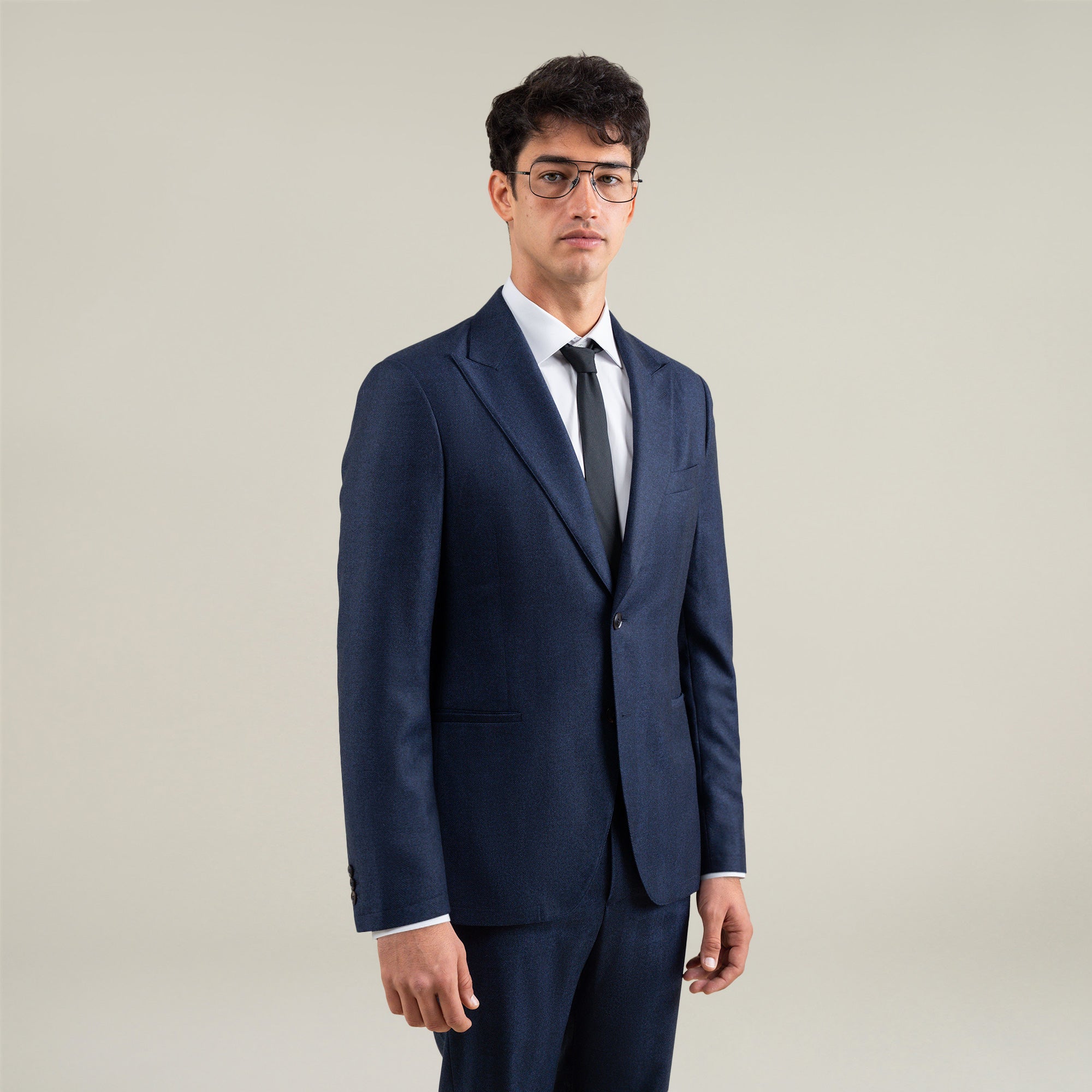 Tags:(6'1"|165) Custom Peak Lapel Tuxedo model Jessey in Navy Herringbone