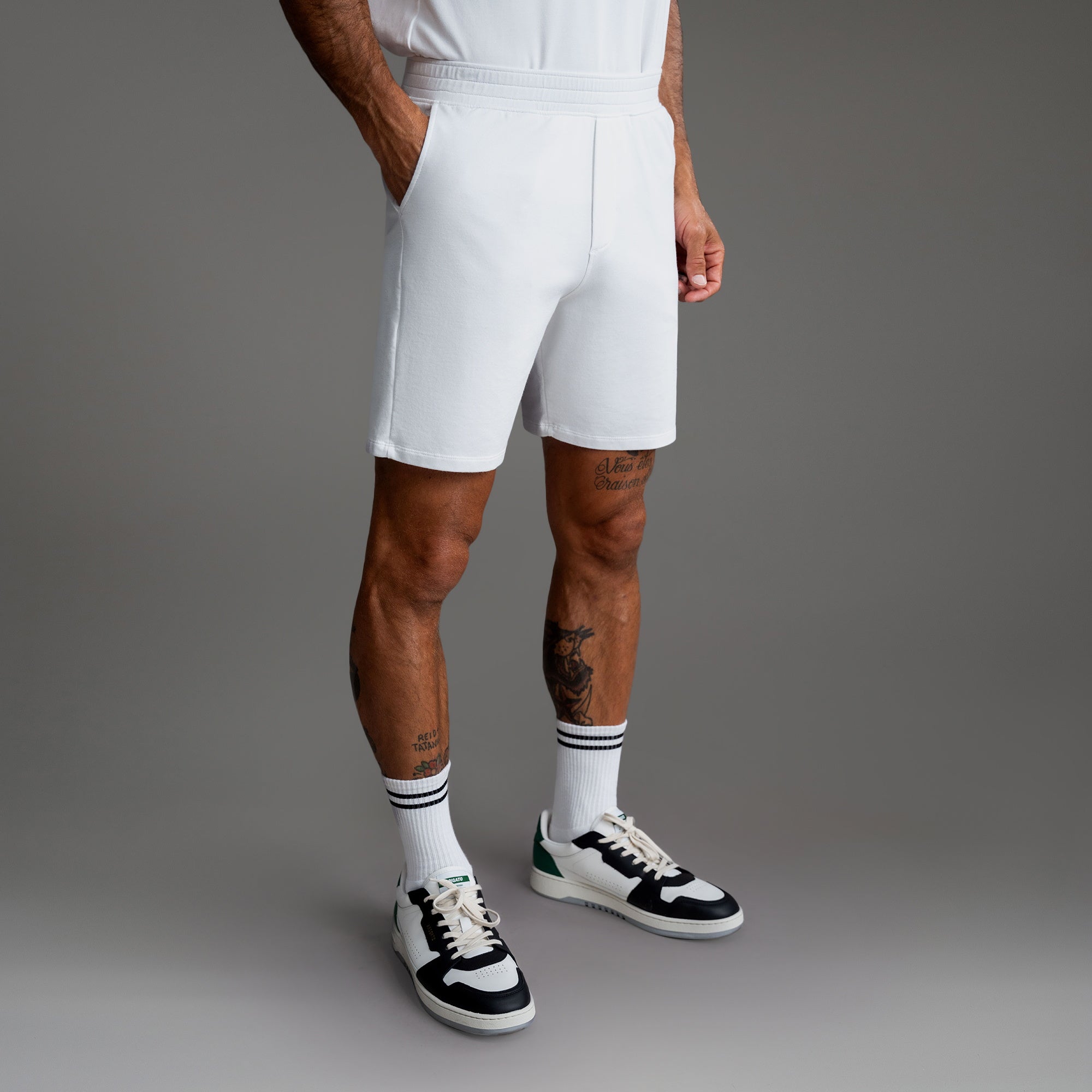 Custom bespoke shorts athleisure athletic build model Tyler in White