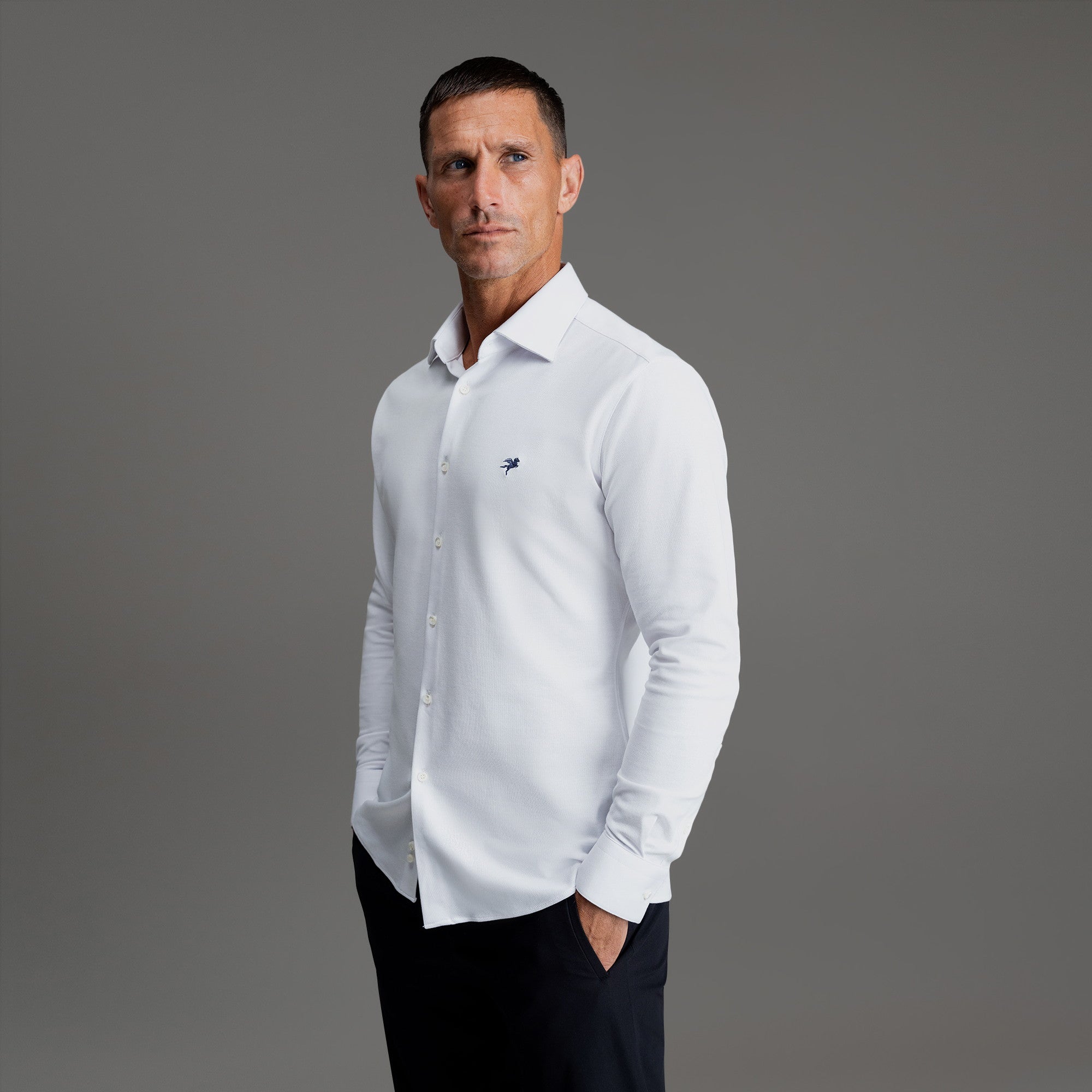 Custom Bespoke Tailored Spread Shirt model Tyler in White Emblem