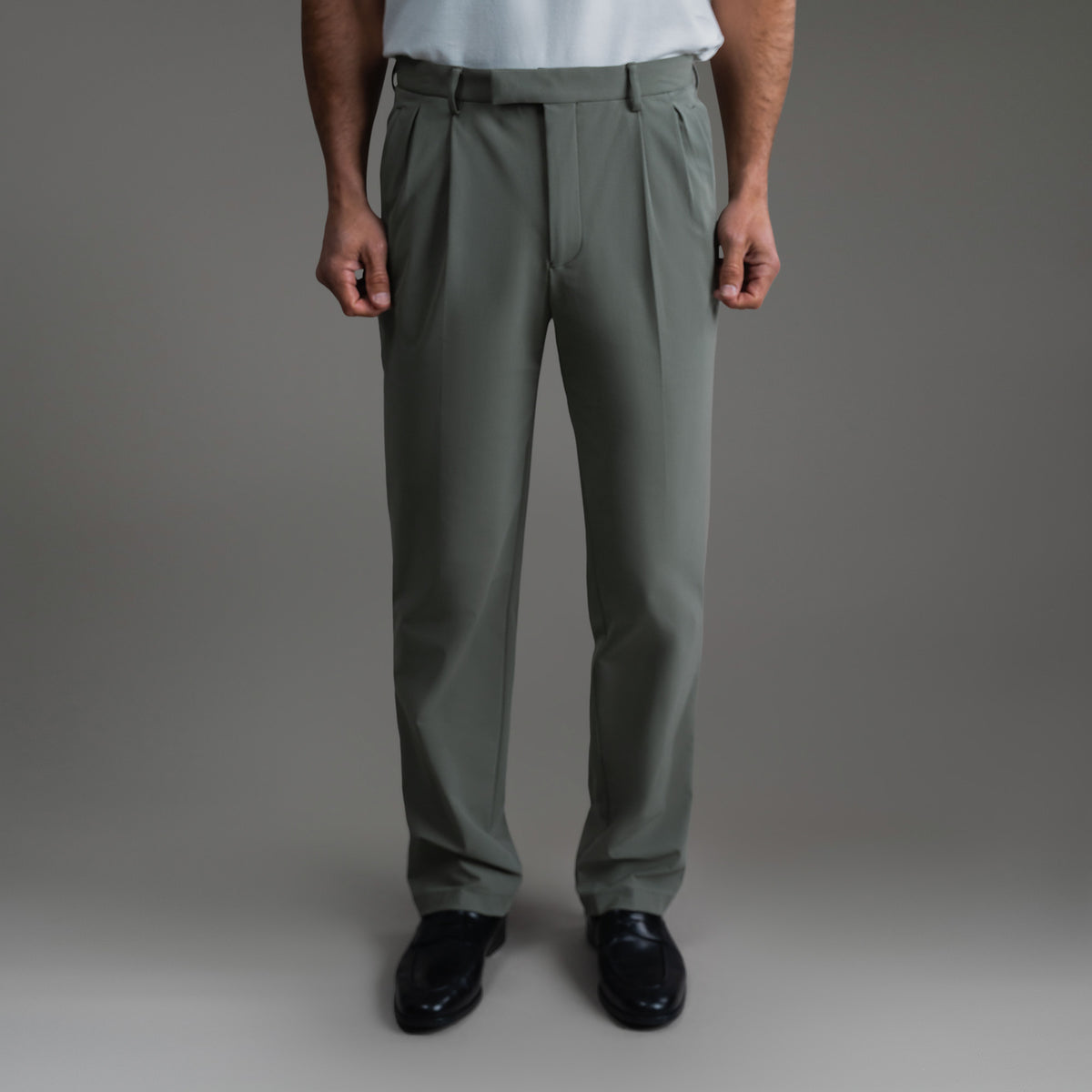 Custom Peak Lapel Tuxedo model Tyler in Sage Gray