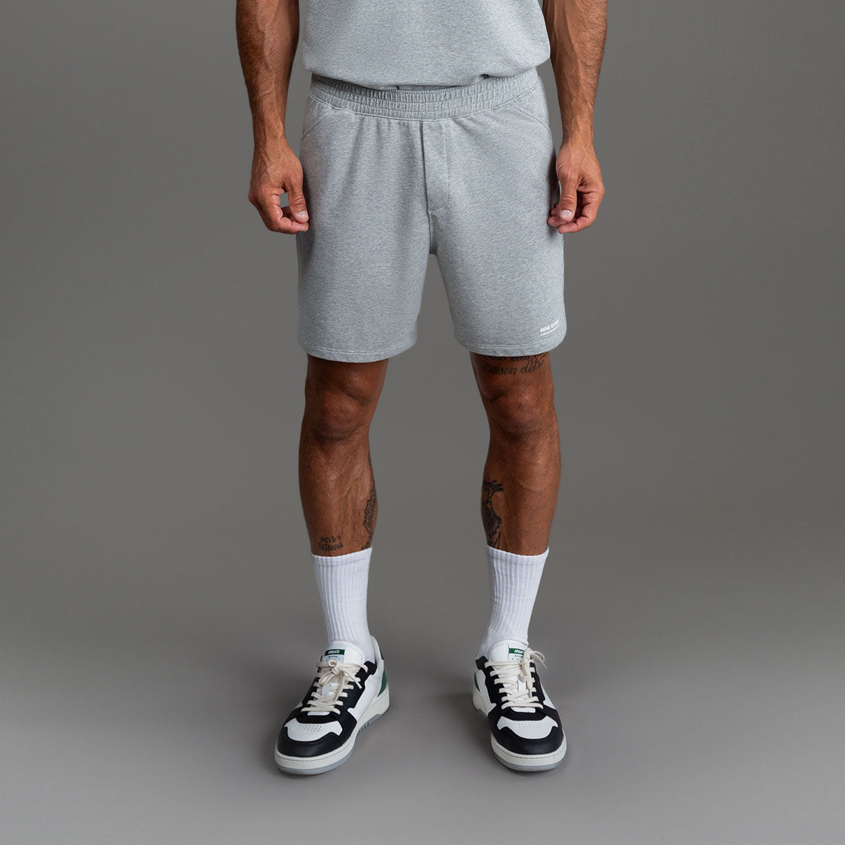 Custom bespoke shorts athleisure athletic build model Tyler in Heather Gray