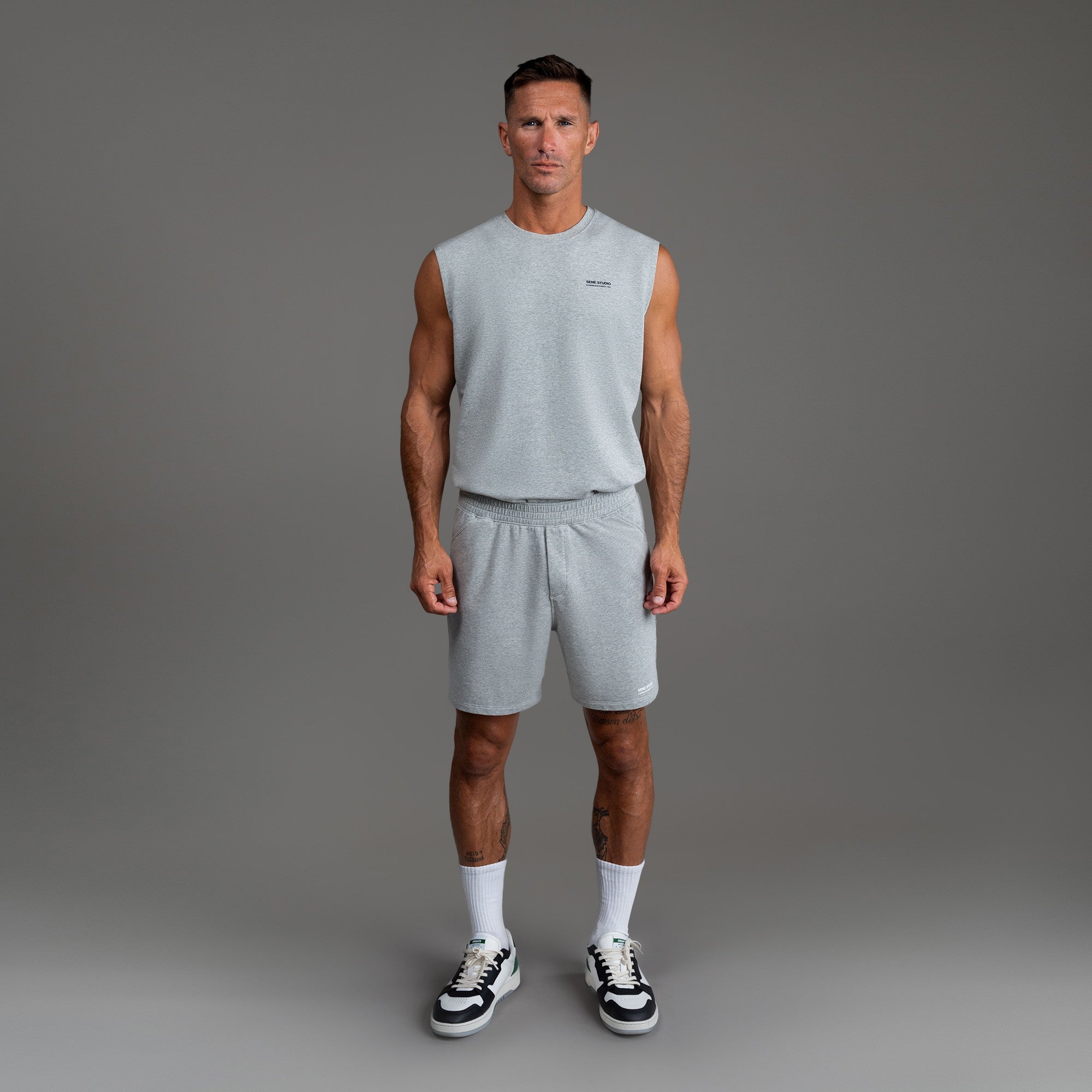 Custom bespoke shorts athleisure athletic build model Tyler in Heather Gray