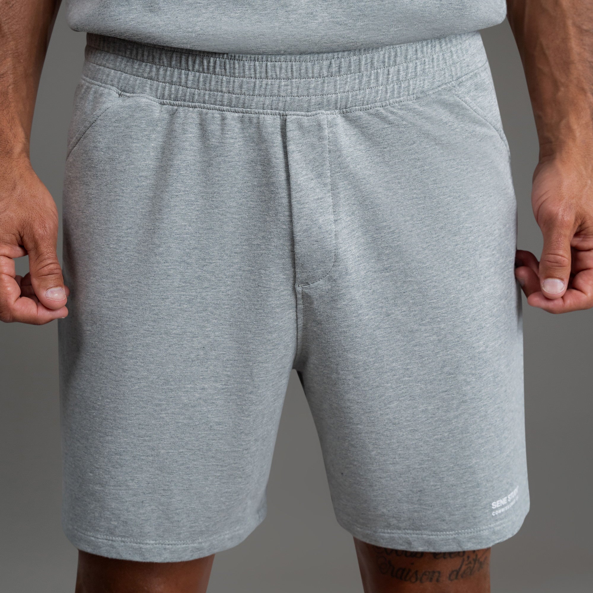 Custom bespoke shorts athleisure athletic build model Tyler in Heather Gray