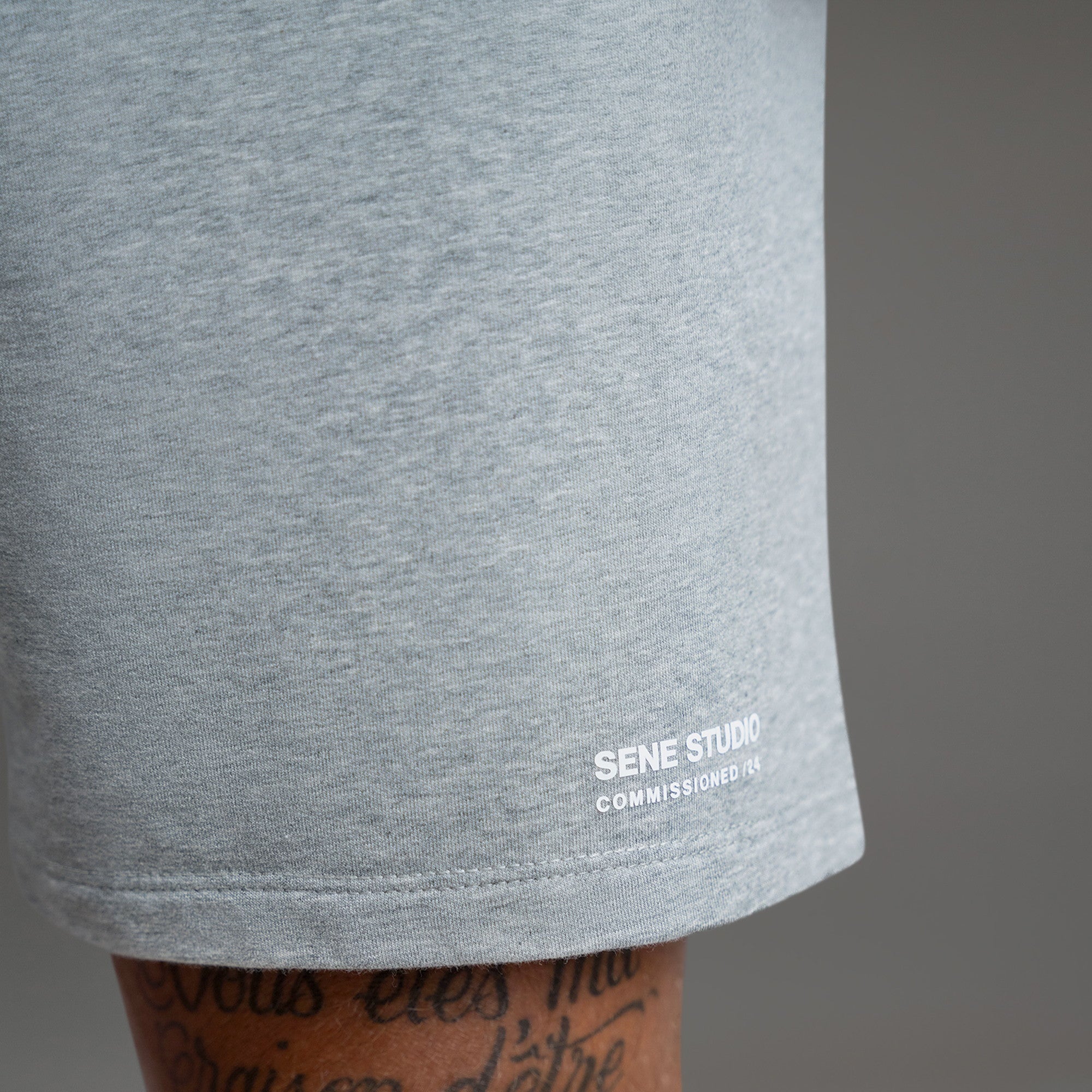 Custom bespoke shorts athleisure athletic build model Tyler in Heather Gray