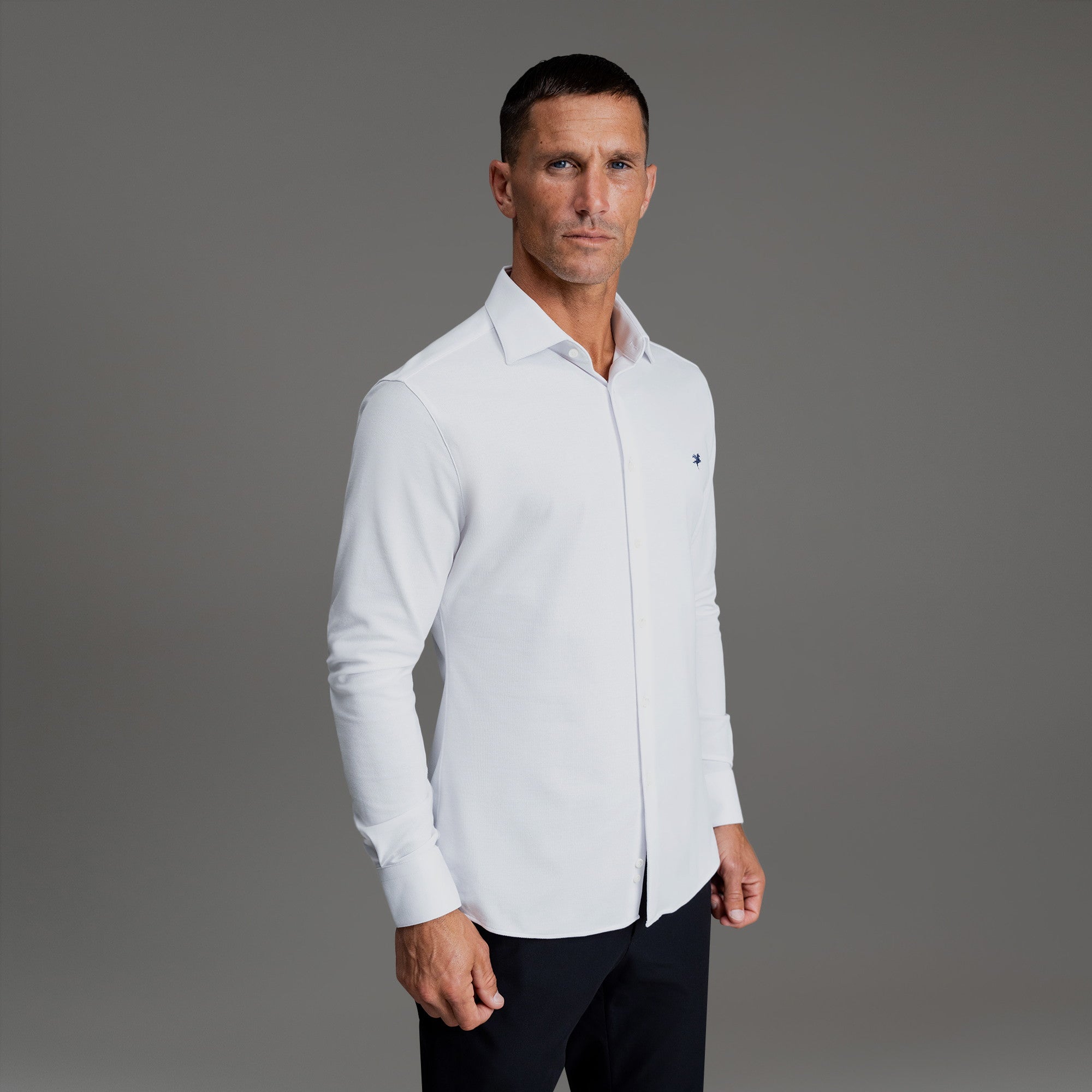 Custom Bespoke Tailored Spread Shirt model Tyler in White Emblem