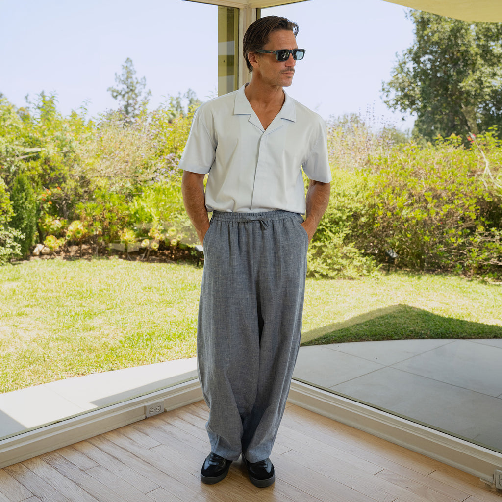 Drawstring Wide Leg Pant model tyler in Light Blue