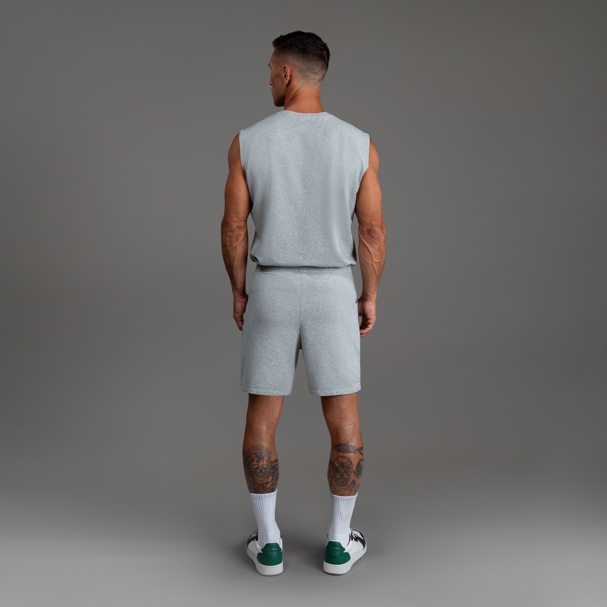 Custom bespoke shorts athleisure athletic build model Tyler in Heather Gray