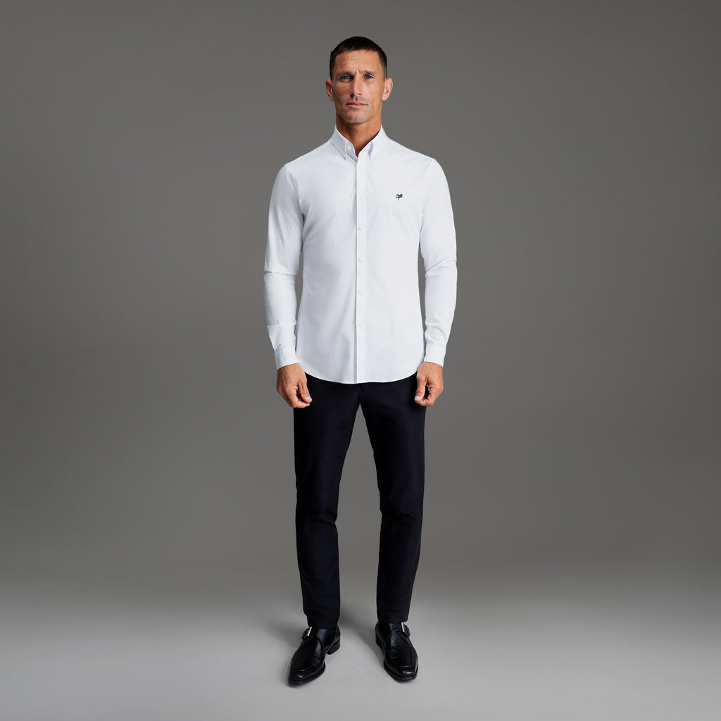 Custom Bespoke Tailored Mercer Shirt model Tyler in White Emblem