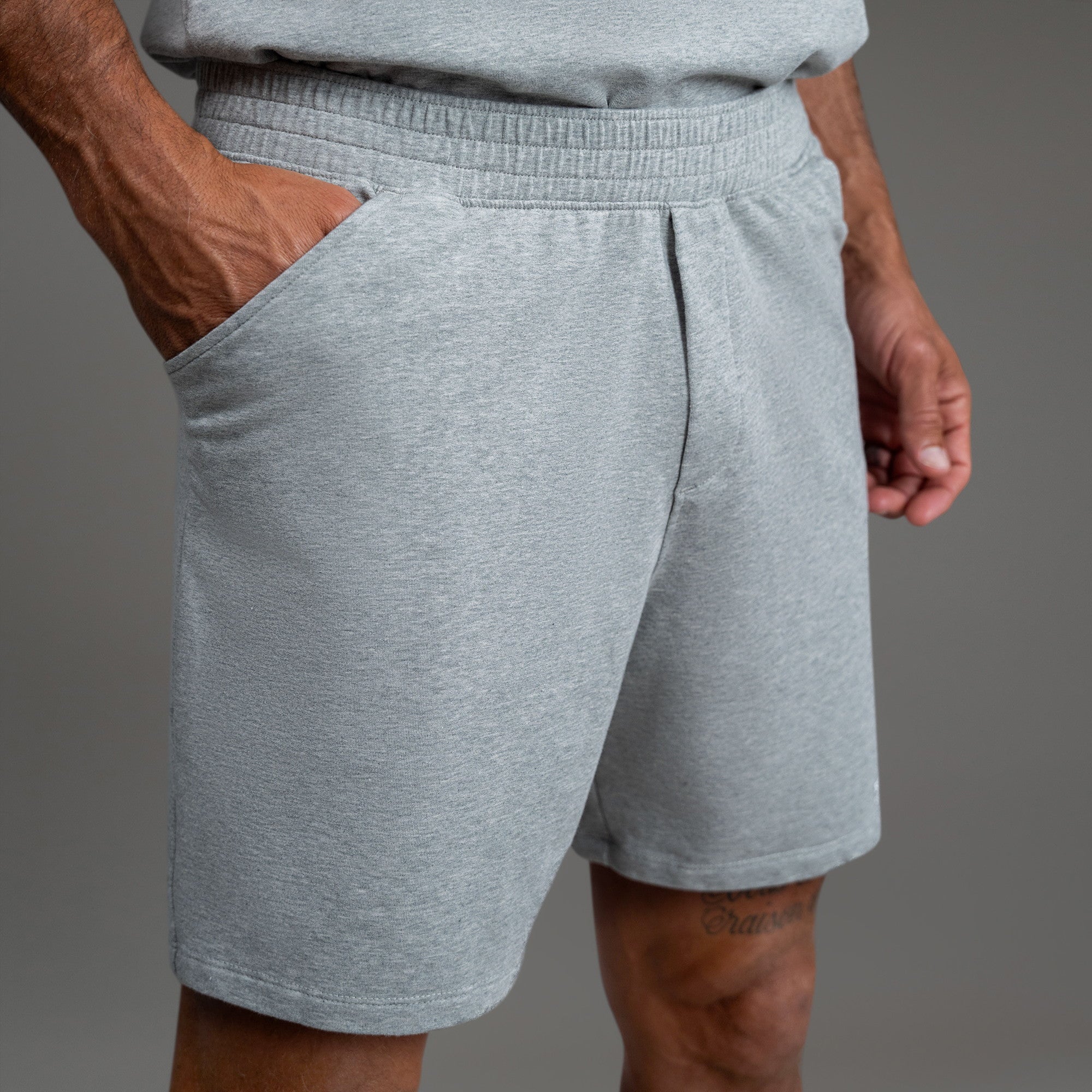 Custom bespoke shorts athleisure athletic build model Tyler in Heather Gray