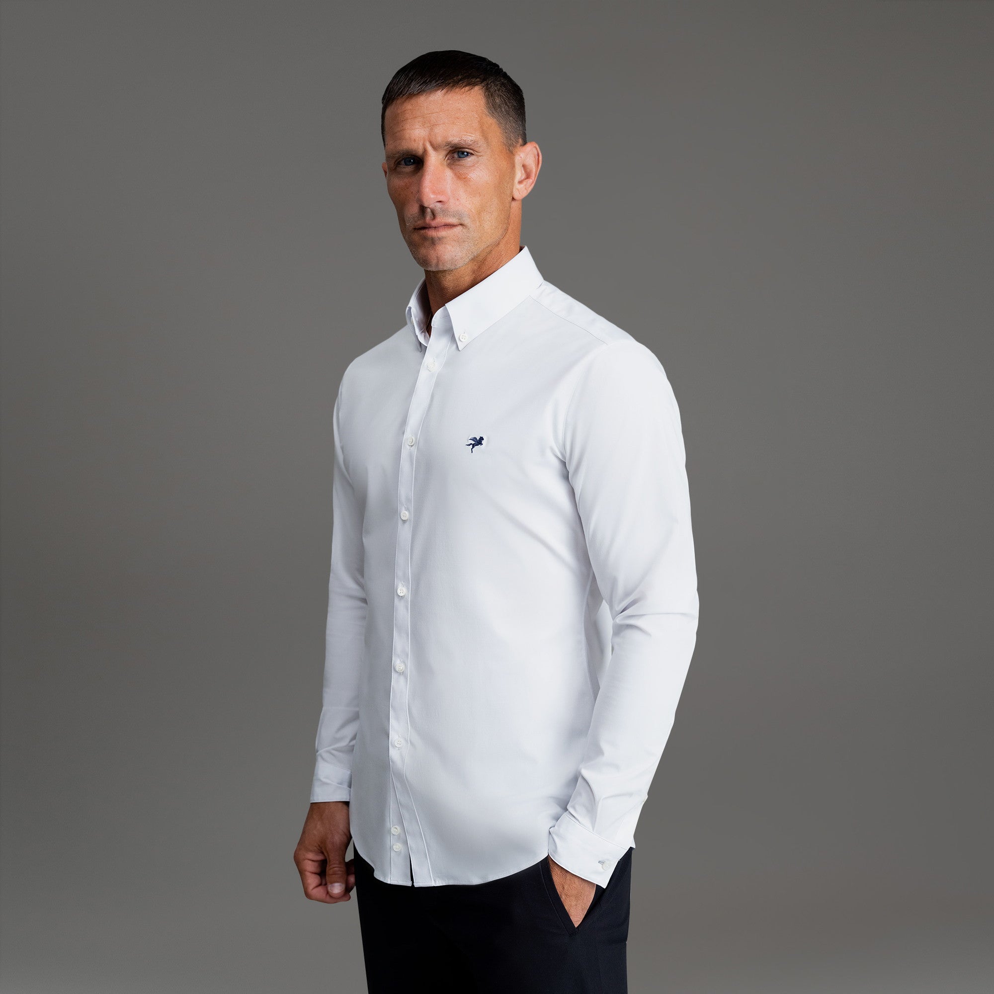 Custom Bespoke Tailored Mercer Shirt model Tyler in White Emblem