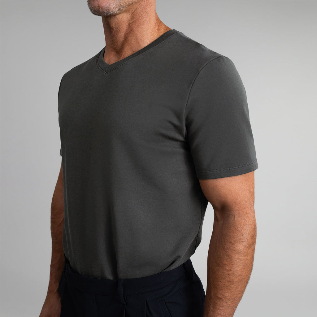 Cumulus v-neck t-shirt on a beige background model Tyler in Best-Seller