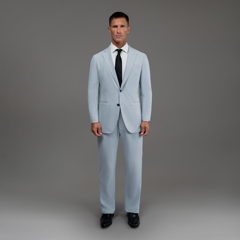 Bespoke custom athleisure technical men's suit los angeles model Tyler in Sky
