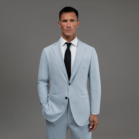 Bespoke custom athleisure technical men's suit los angeles model Tyler in Sky