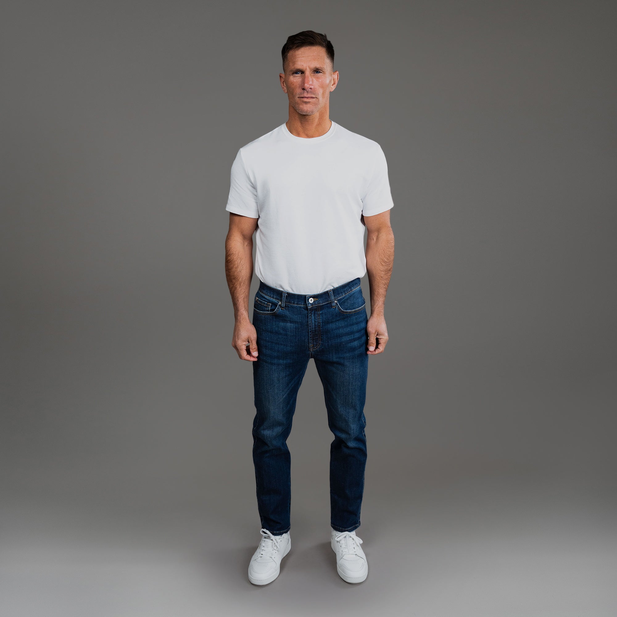 Tags:(6'0" | 180 lbs) custom men's jeans model Tyler in Sur Blue
