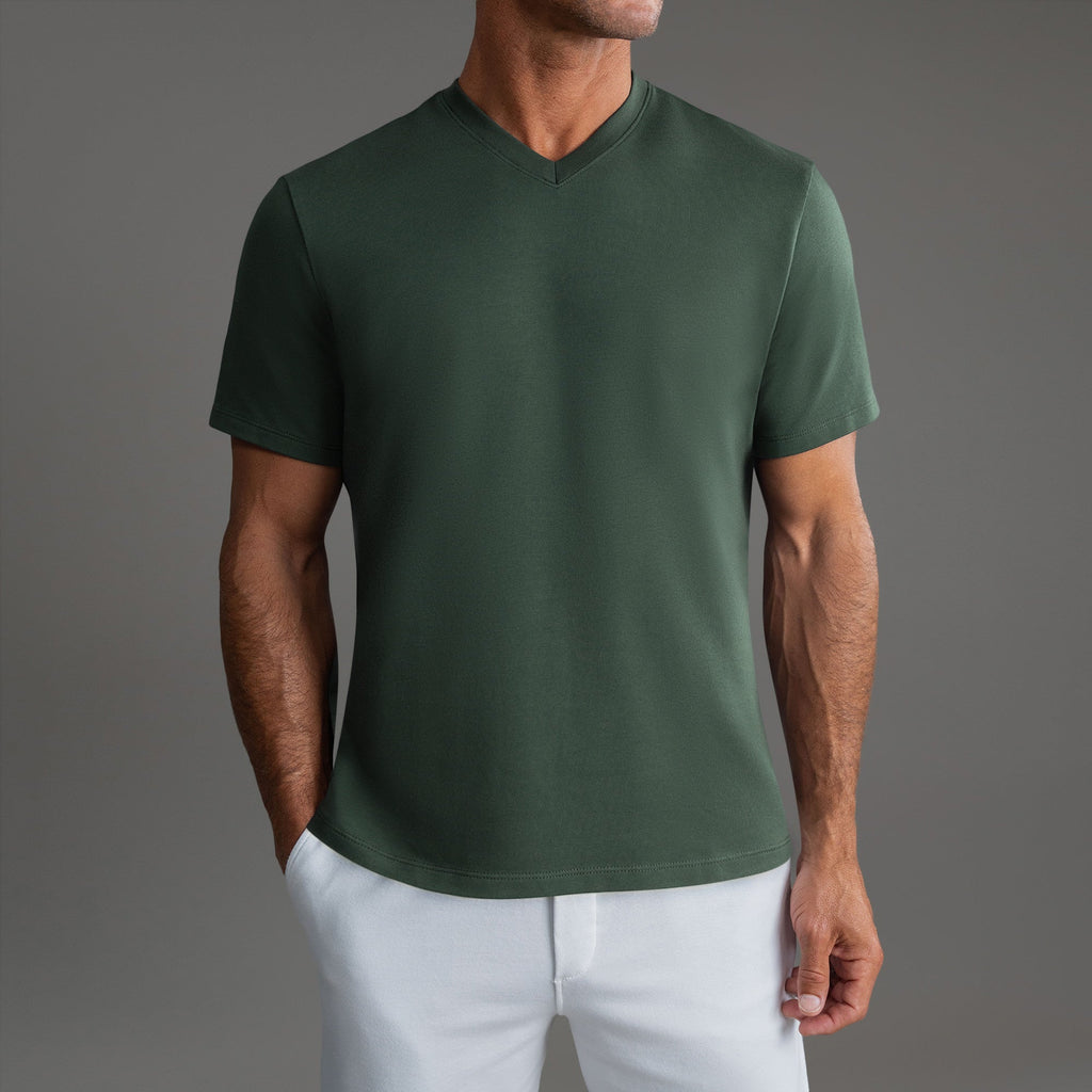 Cumulus v-neck t-shirt on a beige background model Tyler in Best-Seller