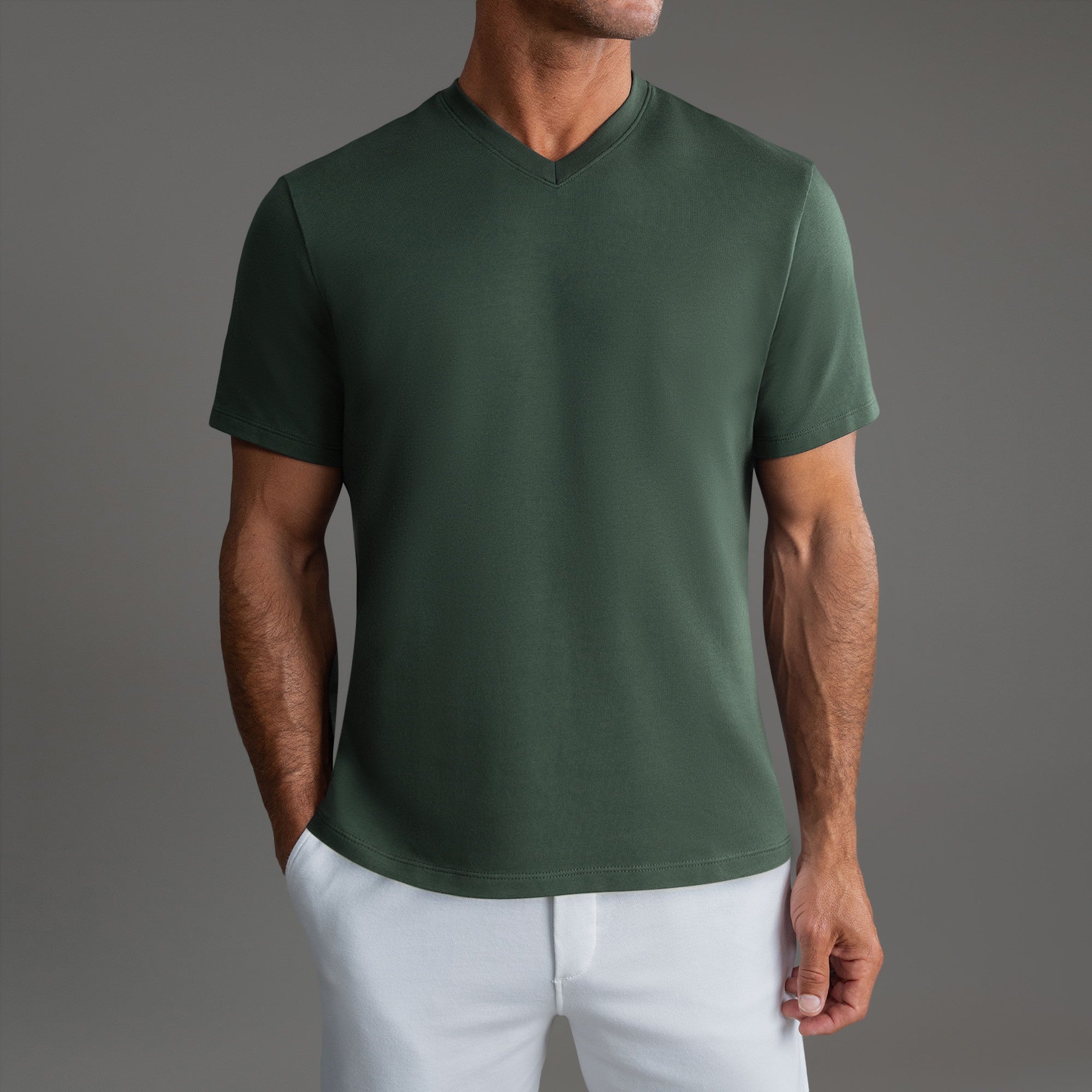 Cumulus v-neck t-shirt on a beige background model Tyler in Best-Seller