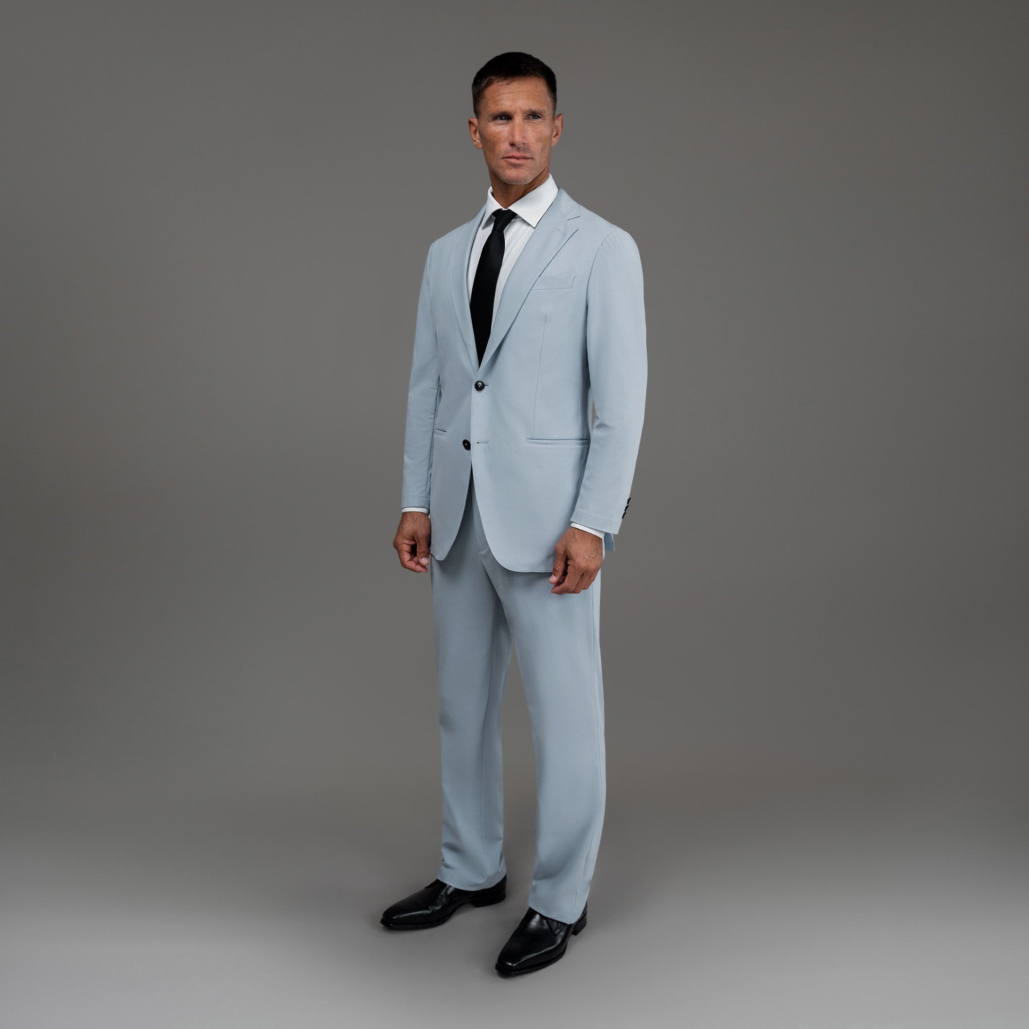 Bespoke custom athleisure technical men's suit los angeles model Tyler in Sky