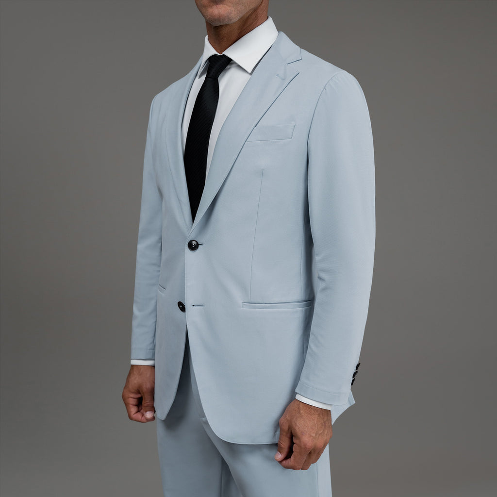 Bespoke custom athleisure technical men's suit los angeles model Tyler in Sky