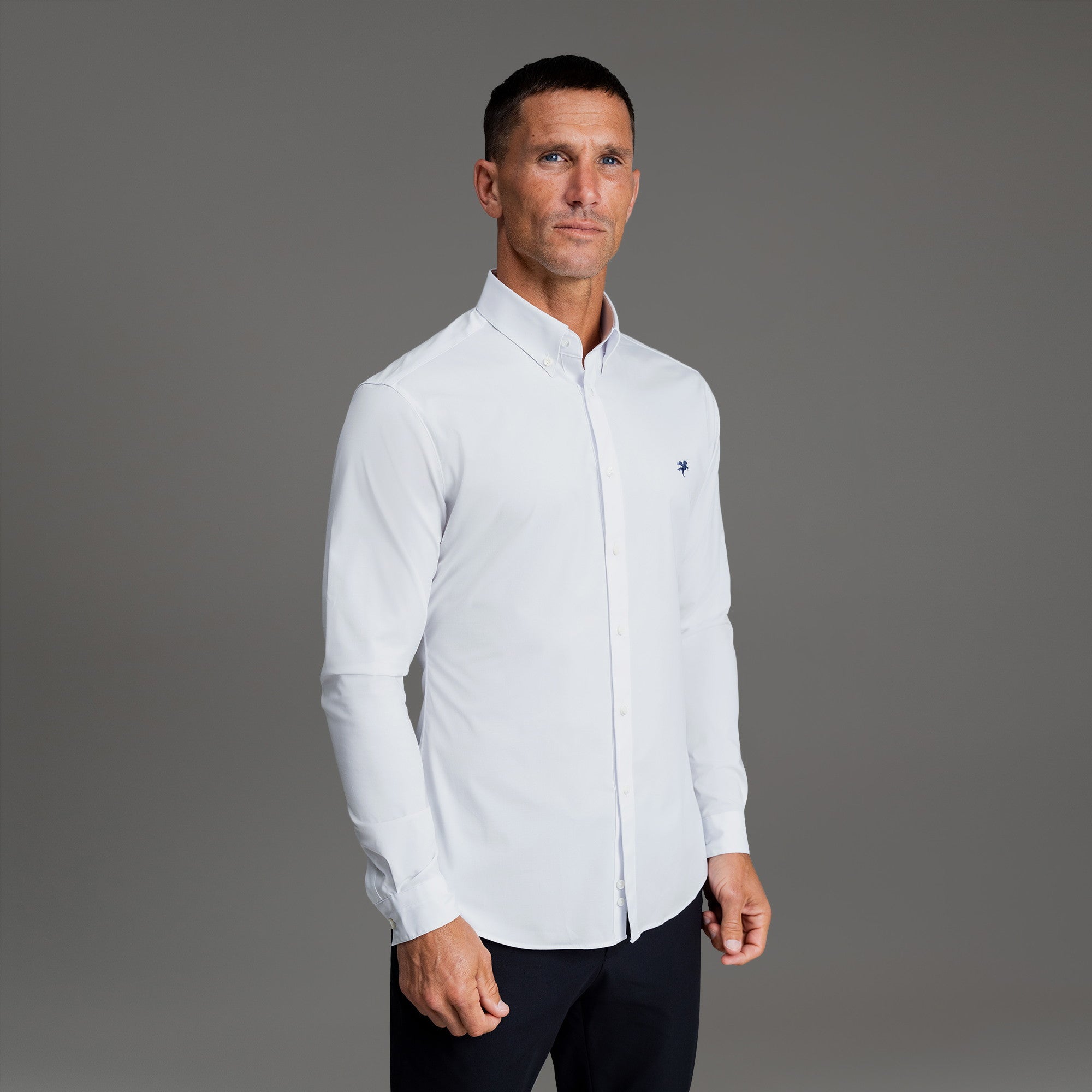 Custom Bespoke Tailored Mercer Shirt model Tyler in White Emblem