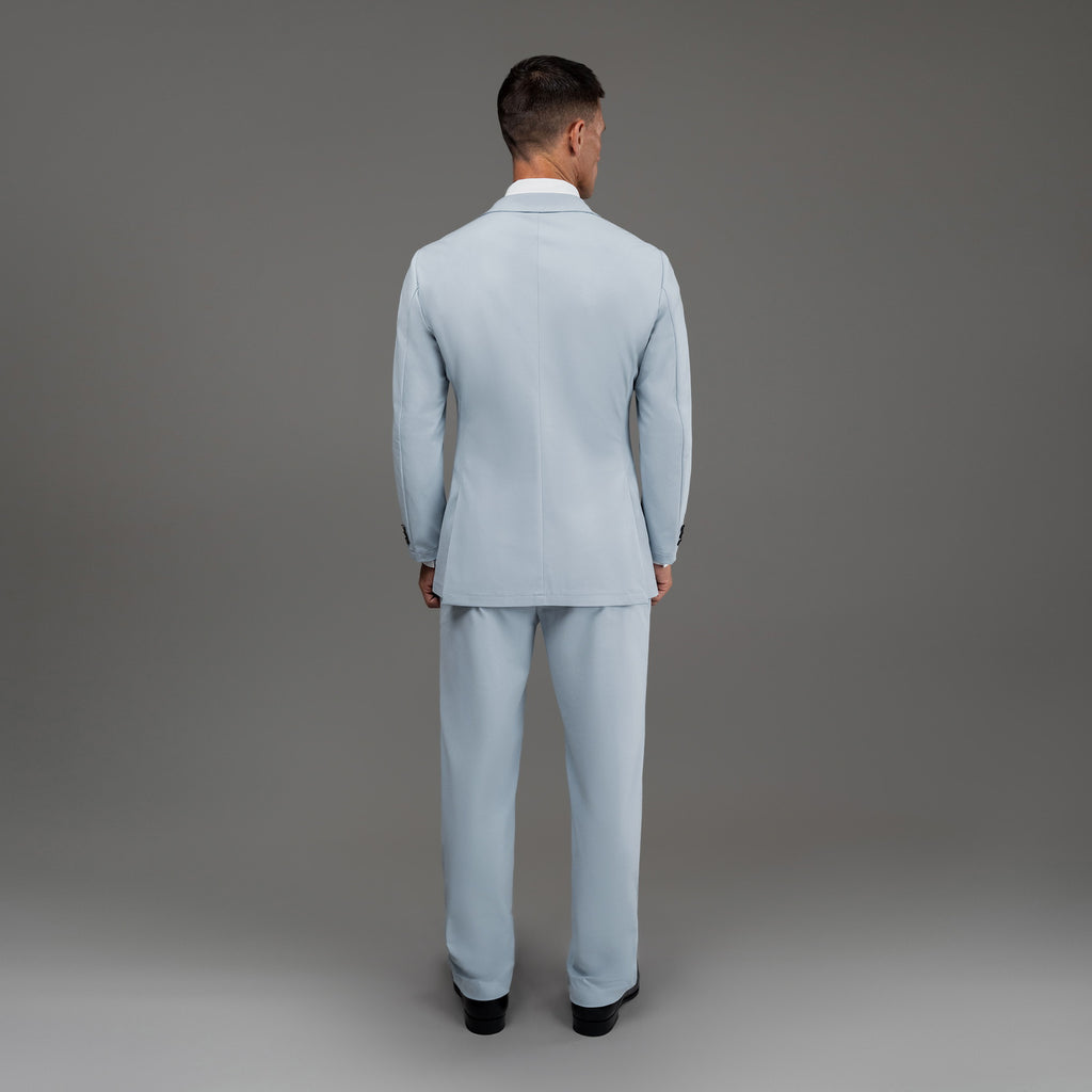 Bespoke custom athleisure technical men's suit los angeles model Tyler in Sky