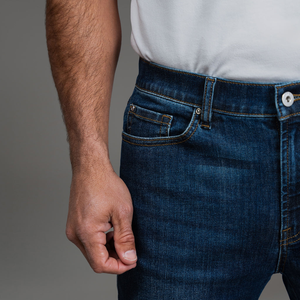 Tags:(6'0" | 180 lbs) custom men's jeans model Tyler in Sur Blue