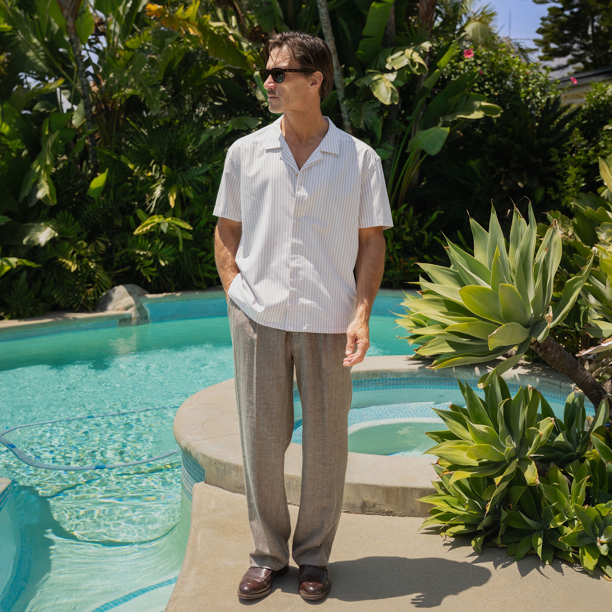 Bamboo Camp Shirt model Tyler in Monterey Stripe