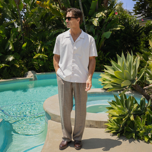 Bamboo Camp Shirt model Tyler in Monterey Stripe