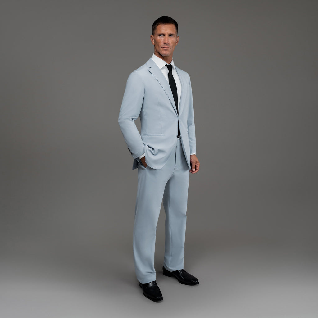 Bespoke custom athleisure technical men's suit los angeles model Tyler in Sky