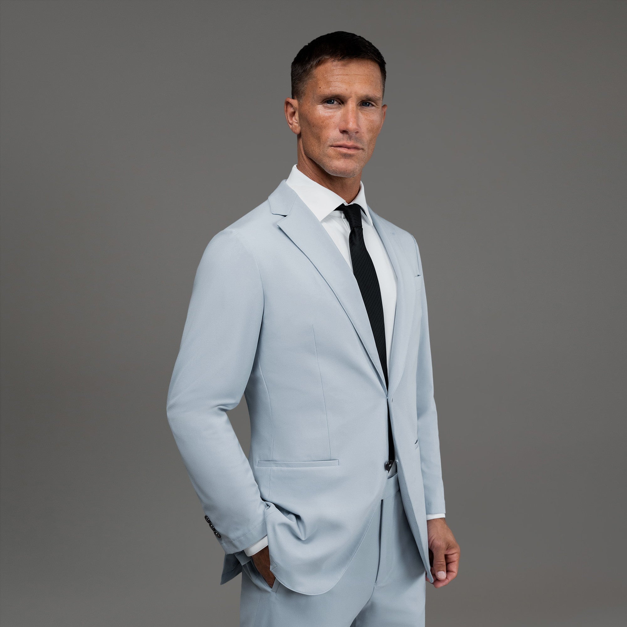Bespoke custom athleisure technical men's suit los angeles model Tyler in Sky