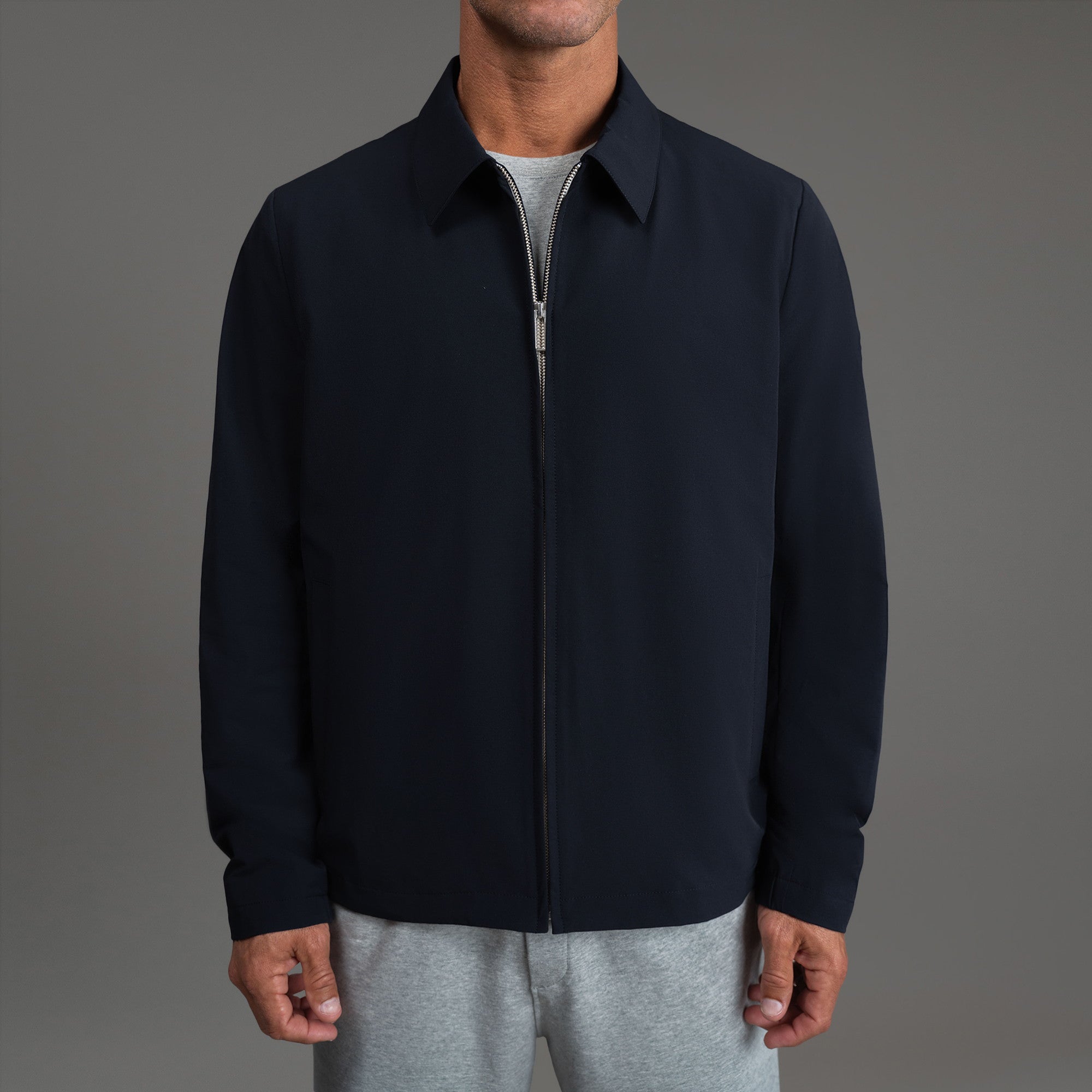 men's custom zip up jacket model Tyler in Midnight