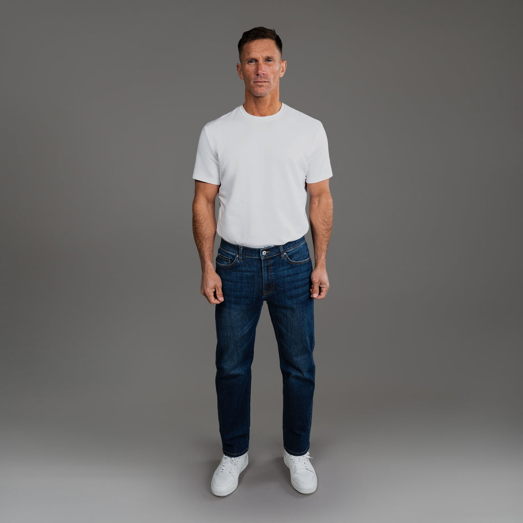 custom men's jeans model Tyler in Sur Blue